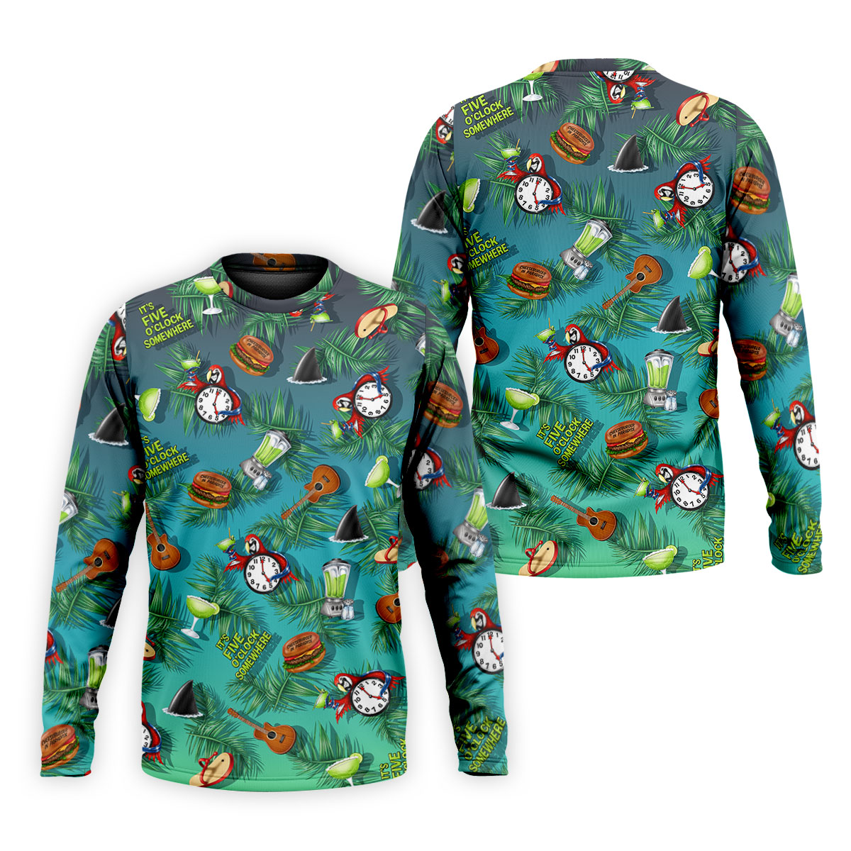 Teal Tropical Cocktail Parrot Pattern Golf Polo Shirt, Men's Golf Shirt, Golf Polo Shirts For Men