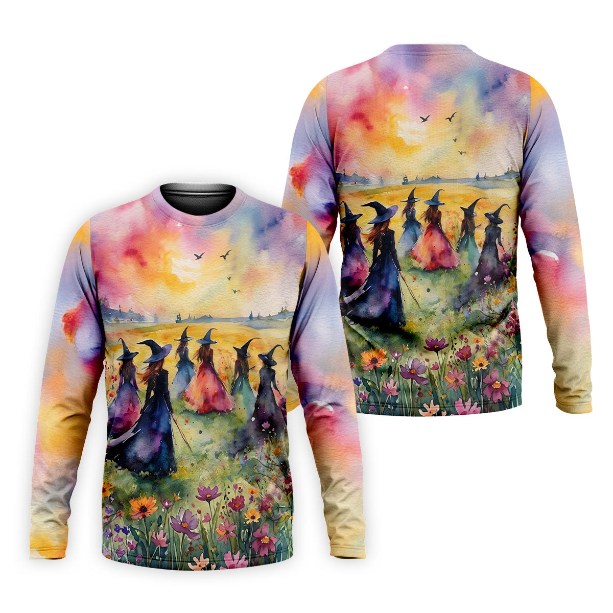 Watercolor Witch Gathering Halloween Golf Polo Shirt, Printed Golf Shirts, Golf Polo Shirts For Men