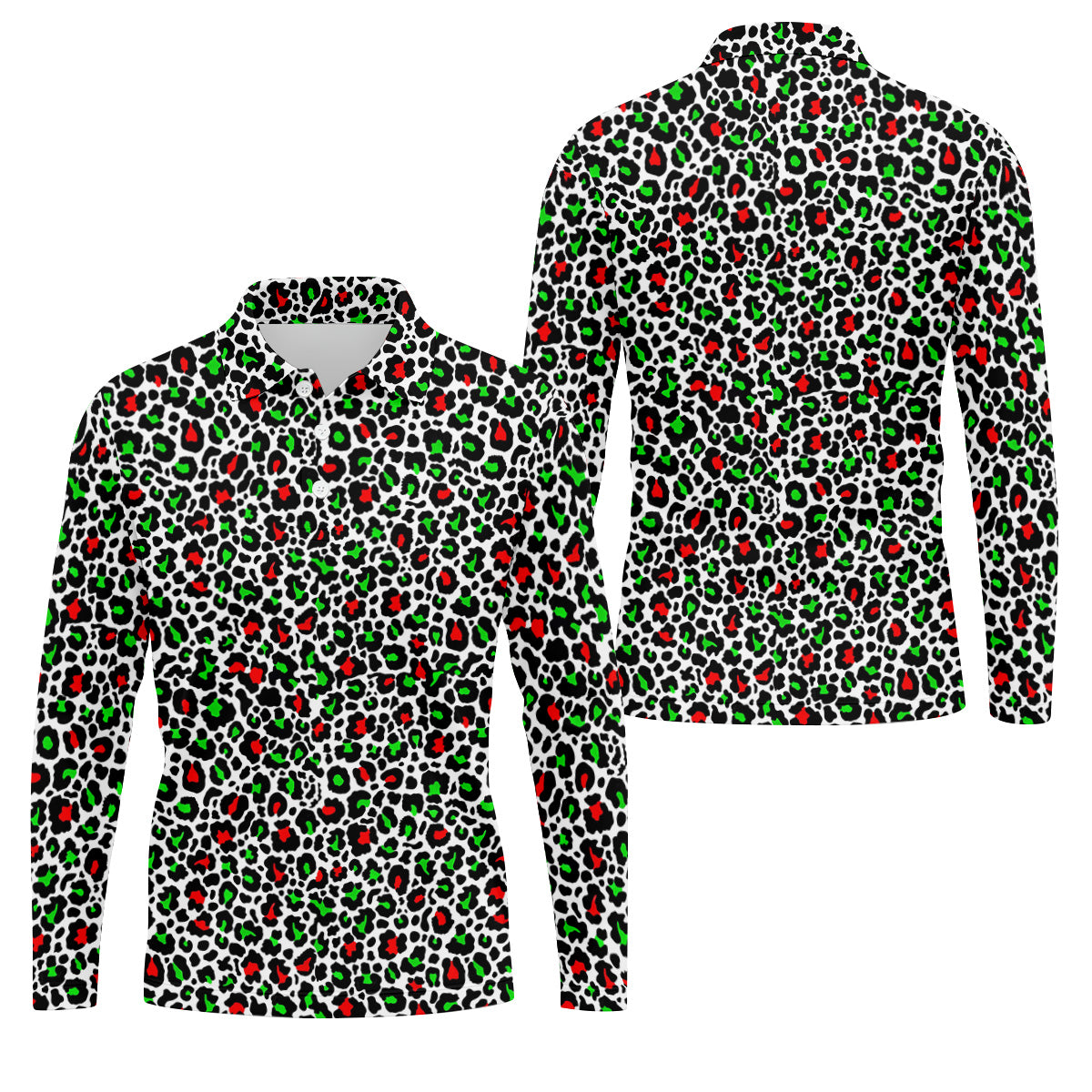 Leopard Pattern Xmas Pine Tree Green And Red Golf Tops For Men, Christmas Golf Shirt, Polo Shirts For Men