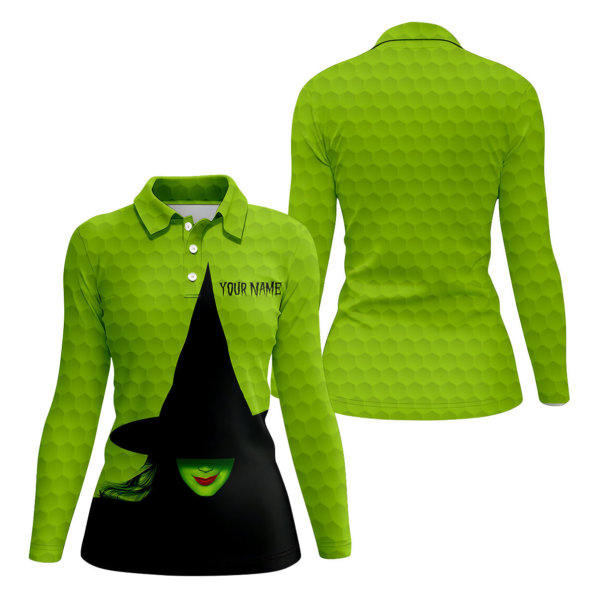 The Green Witch Golf Ball Pattern Fun Women's Golf Shirts, Spooky Vibe Ladies Golf Polos, Halloween Golf Shirt