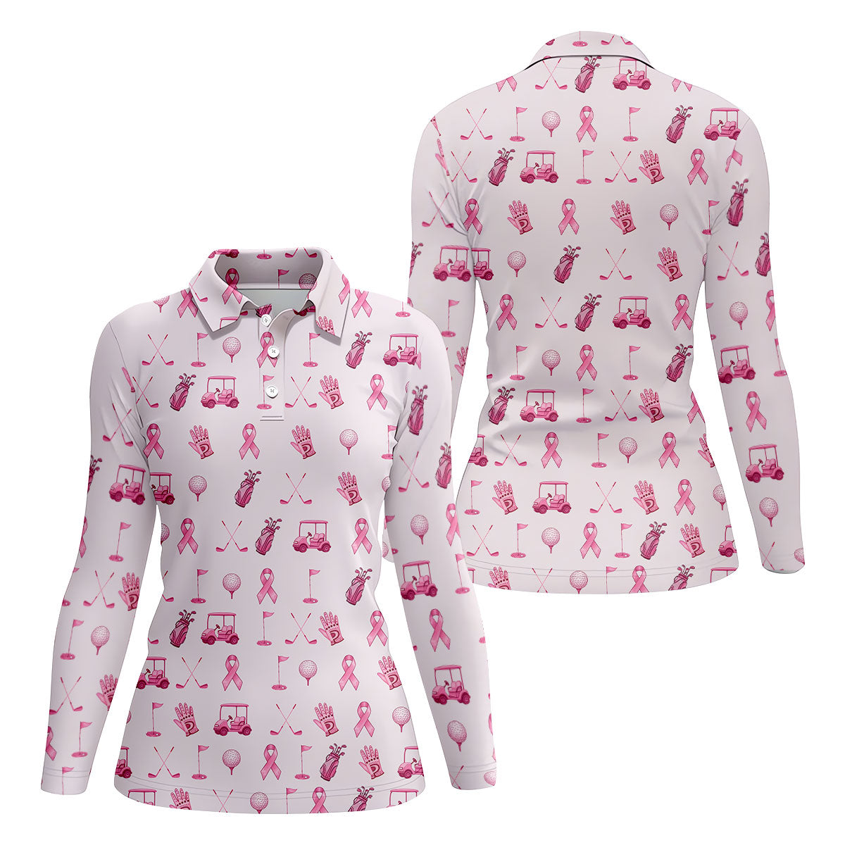 Funny Pink Ribbon Golf Pattern Women's Polo Shirt, Breast Cancer Golf Shirt, Breast Cancer Awareness Shirt