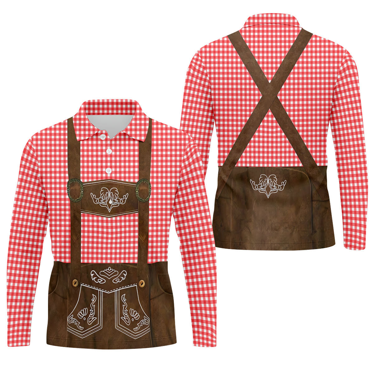 Red Oktoberfest Lederhosen Illusion Sleeveless Golf Polo, Mens Golf Polo, Printed Golf Shirts