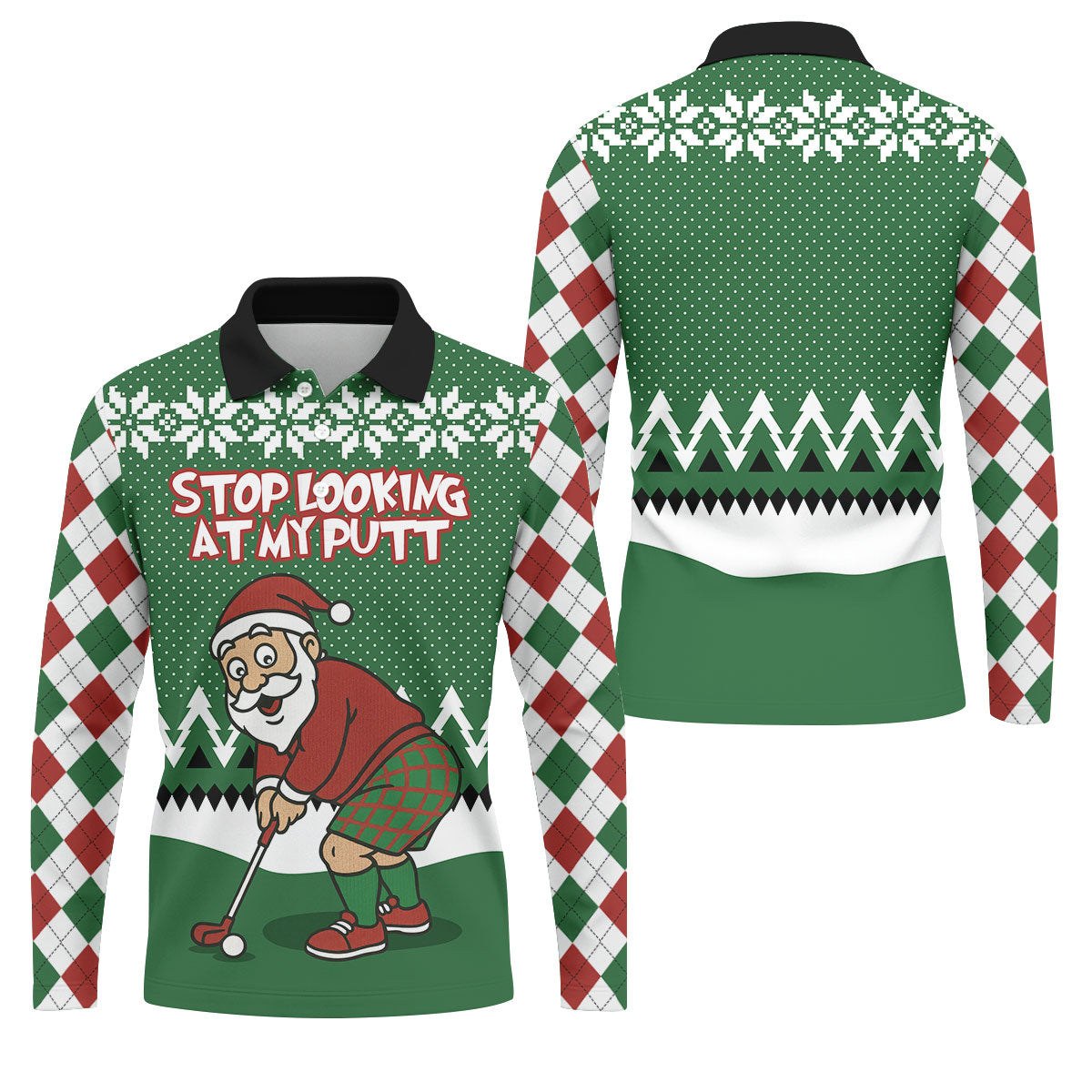 Stop Looking At My Putt Funny Santa Claus Argyle Golf Shirt, Christmas Golf Shirt, Polo Shirts For Men