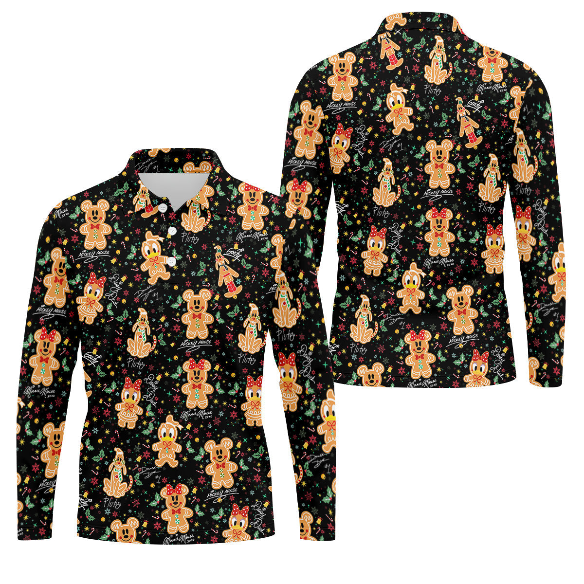 Cute Gingerbread Classic Cartoon Characters Christmas Golf Shirt, Black Golf Shirt, Polo Shirts For Men