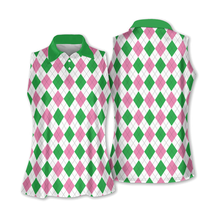 Green Pink Argyle Sleeveless Womens Golf Shirts, Ladies Pink Golf Shirt, Womens Golf Polo Shirts, Womens Golf Tops