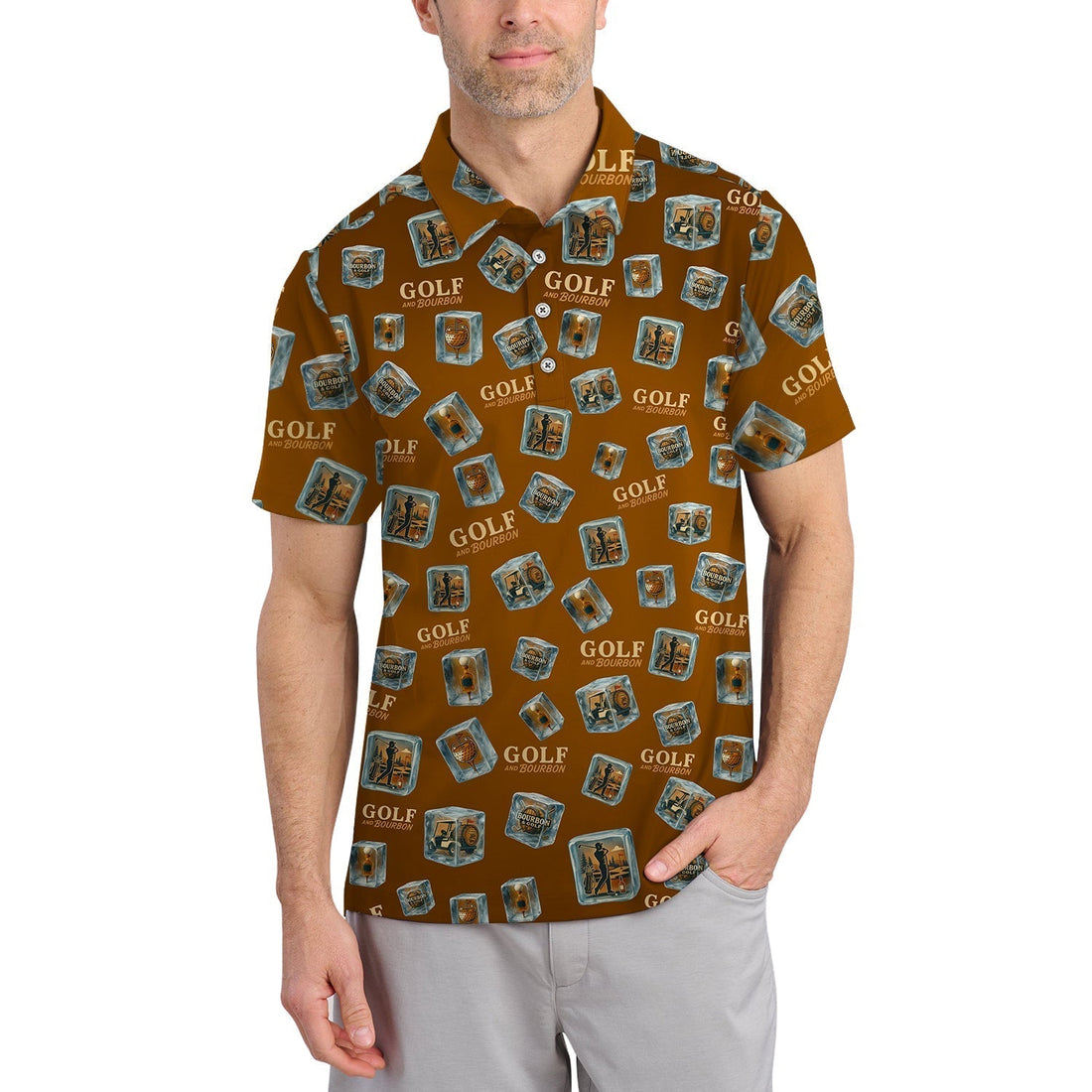Funny Golf And Bourbon Polos, Brown Golf Shirt with Whiskey Ice Cube For Men, Pattern Crazy Golf Shirts For Golfers