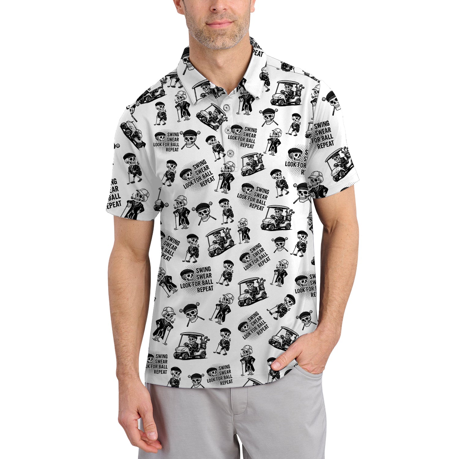 Funny Skull Golf Shirt For Men, Skeleton Golf Pattern Polos, Crazy Golf Shirts For Golfers