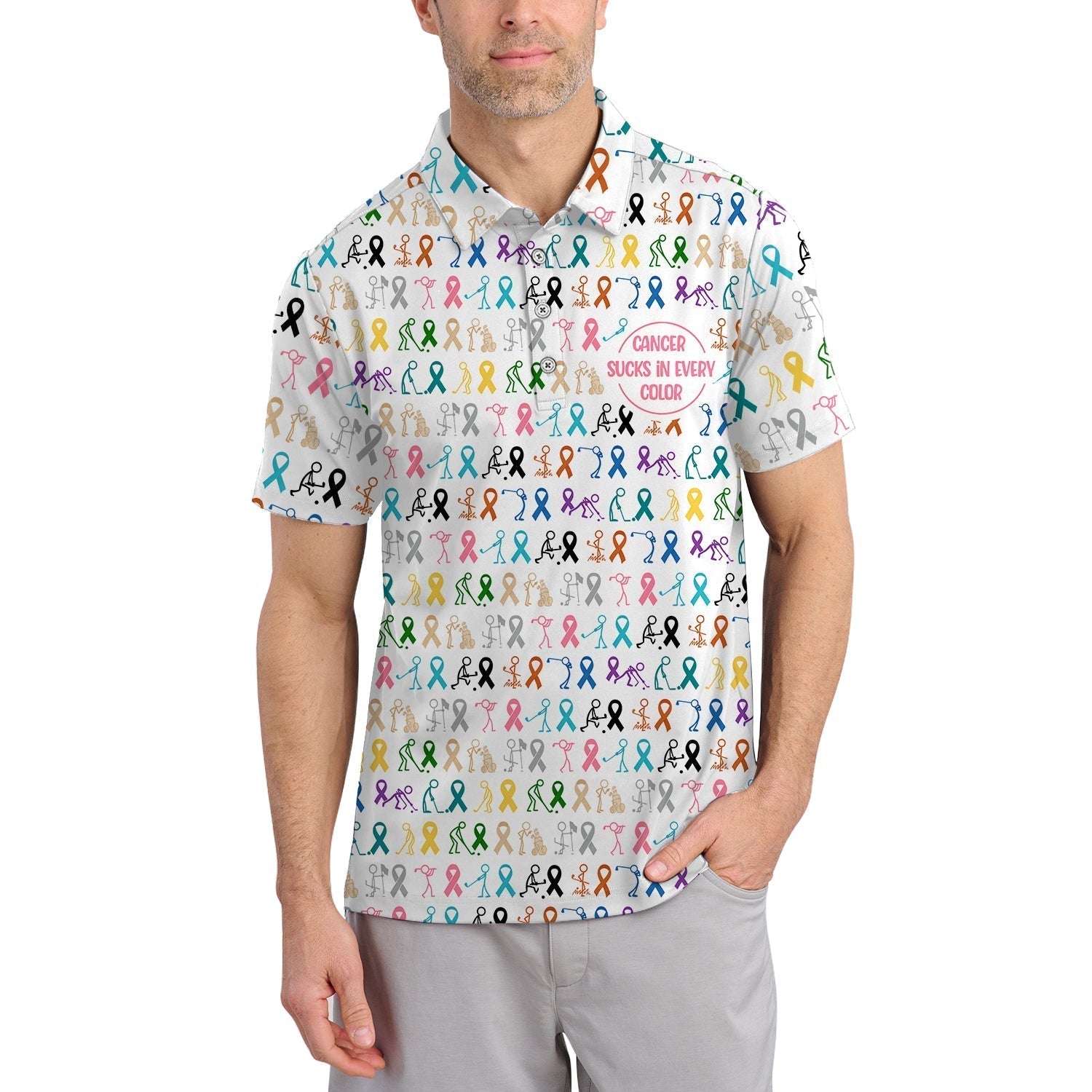 Cancer Sucks In Every Color Shirt, Pattern Golf Shirt For Golfer, Funny Golf Shirt For Men