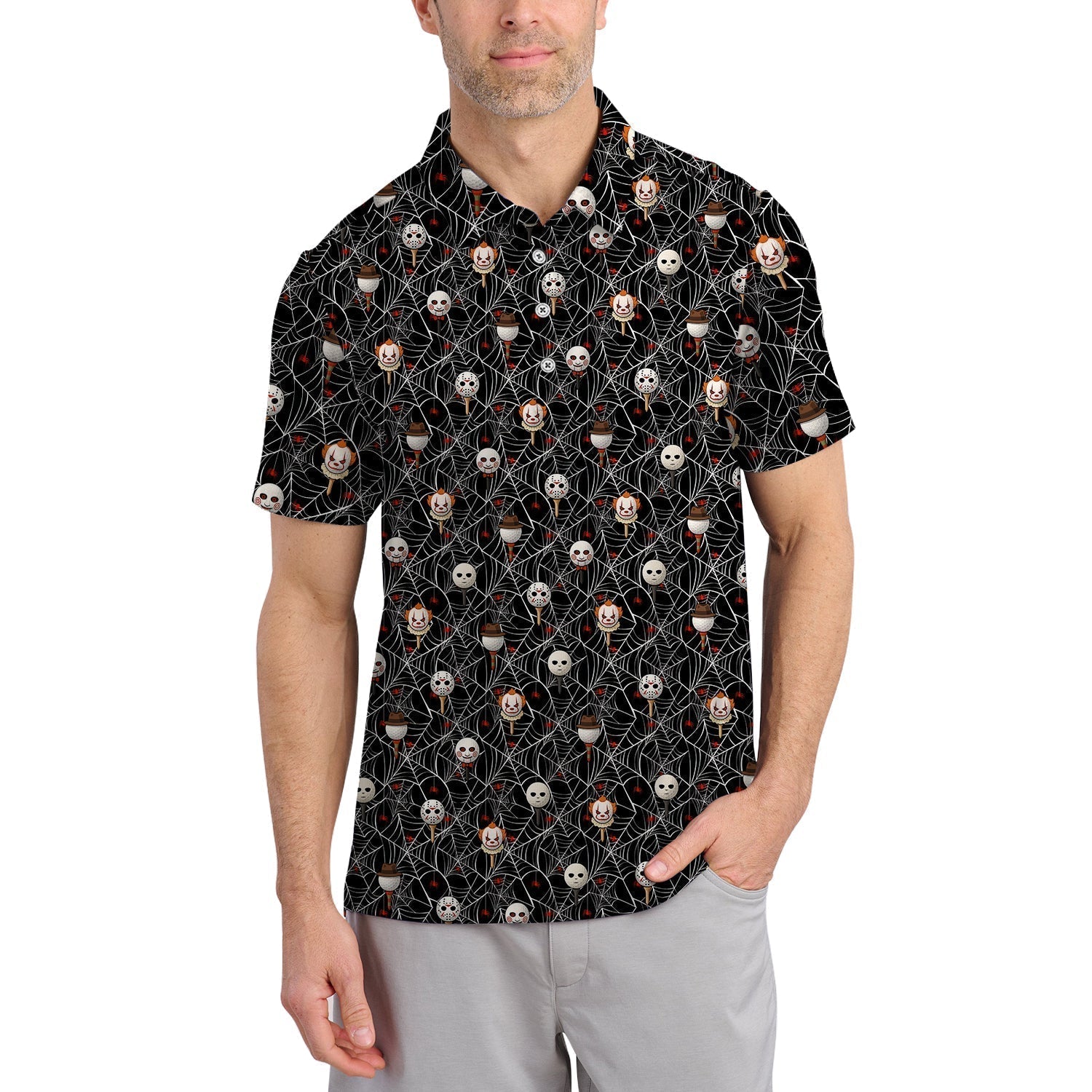 Men's Pattern Golf Shirt, Halloween Golf Shirt For Golfer, Horror Movie Shirt