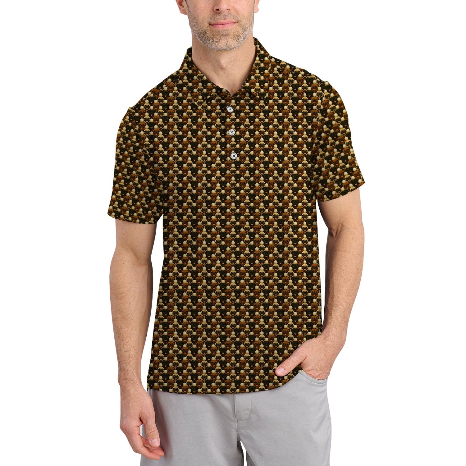 Pug Golf Polos For Golfers, Pug Golf Pattern Shirt, Funny Dog Golf Shirt For Men