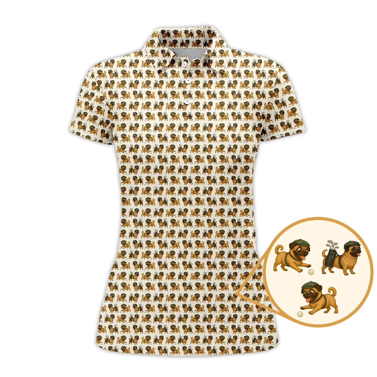 Pug Pattern Golf Shirt - Dog Golf Polos For Pet Lovers - Funny Golf Shirts For Golfers