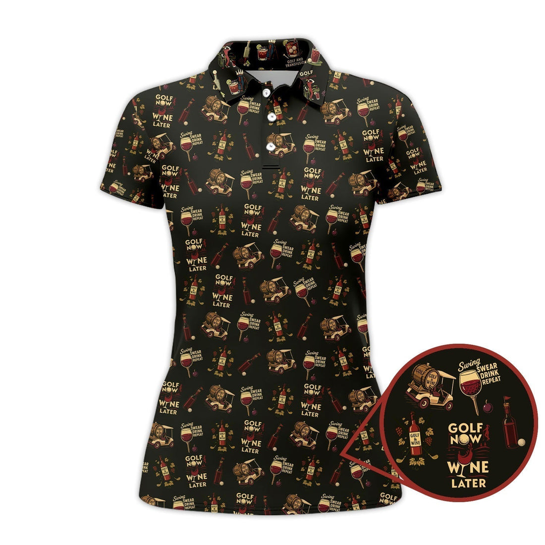 Wine Golf Shirt, Funny Ladies Golf Shirt, Wine And Golf Cart Pattern Polos