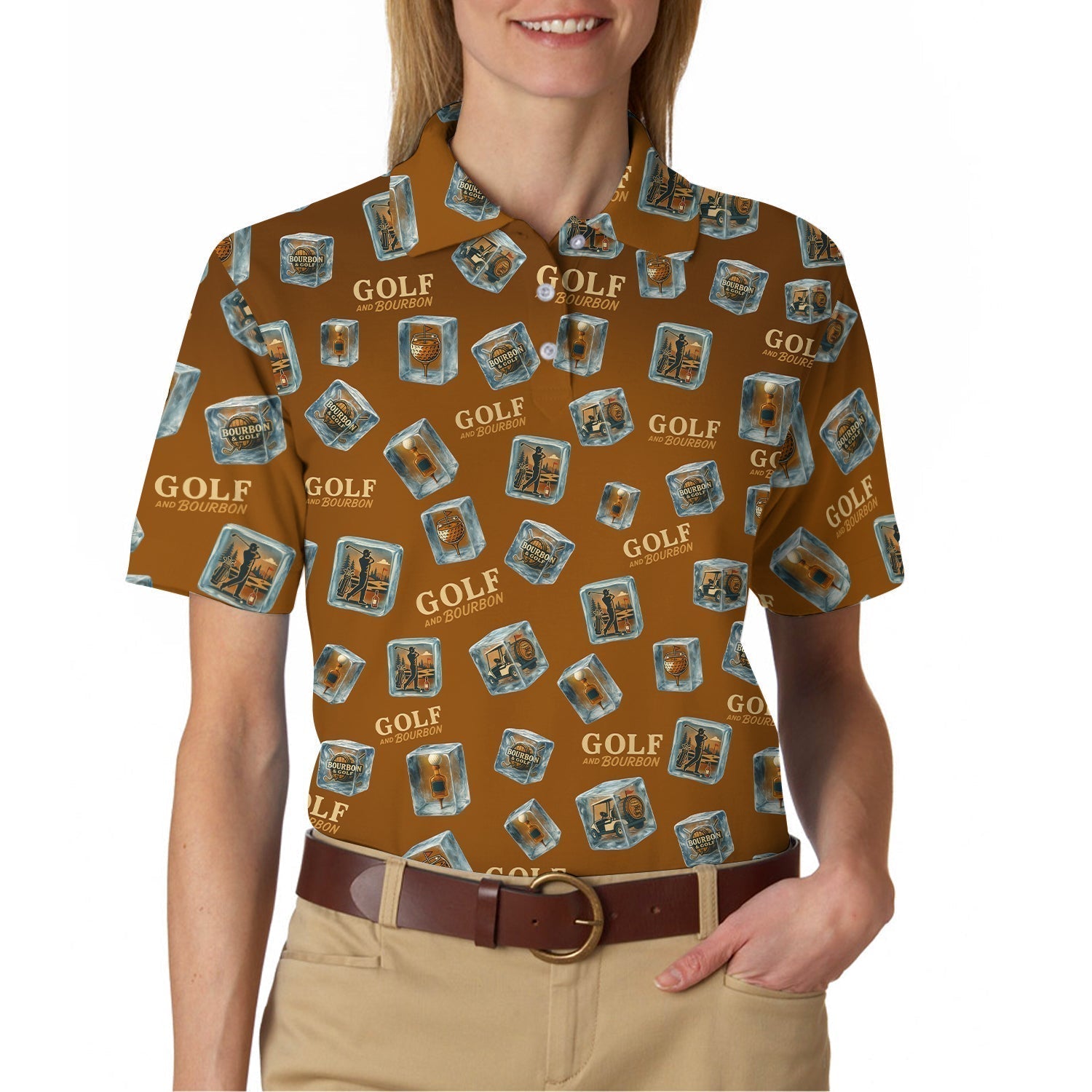 Funny Golf And Bourbon Polos, Brown Golf Shirt with Whiskey Ice Cube For Men, Pattern Crazy Golf Shirts For Golfers