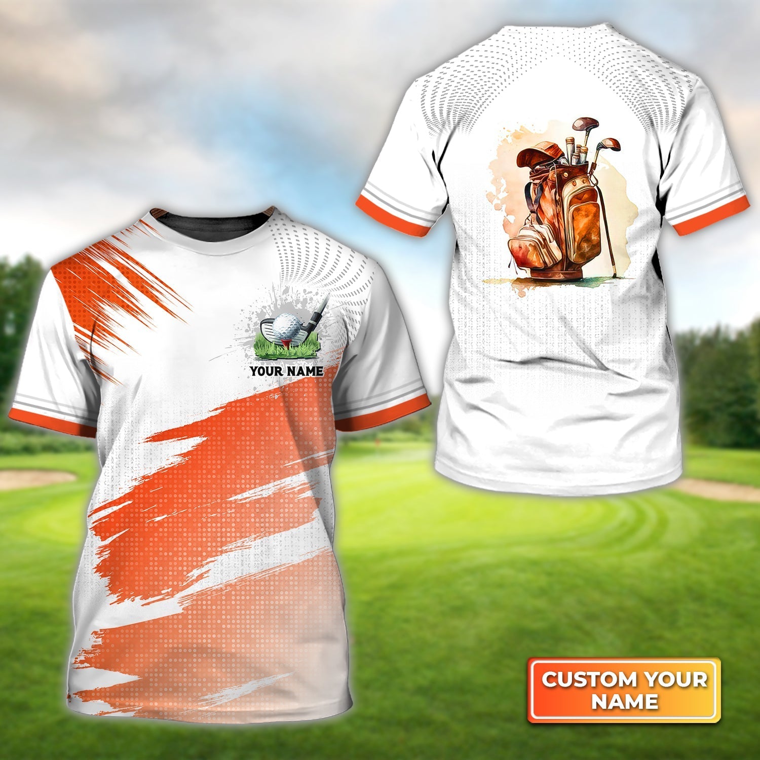 Orange Pattern Vintage Golf Bag - Personalized Name 3D Tshirt Gift For Golfer