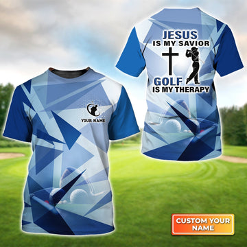Blue Pattern Jesus Is My Savior Golf Is My Therapy - Personalized Name 3D Tshirt Gift For Golfer