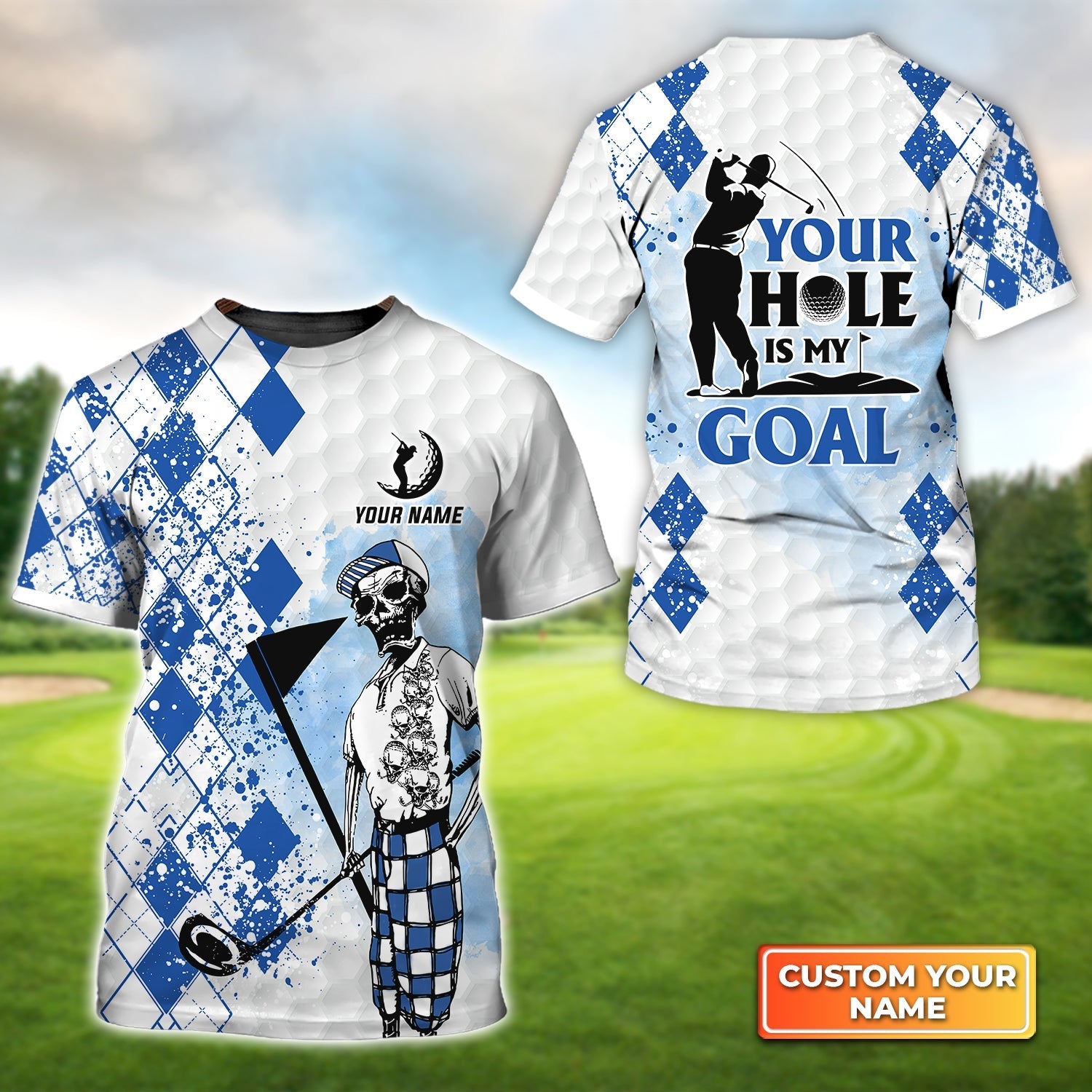 Golf Skull Blue Pattern Your Hole Is My Goal - Personalized Name 3D Tshirt Gift For Golfer
