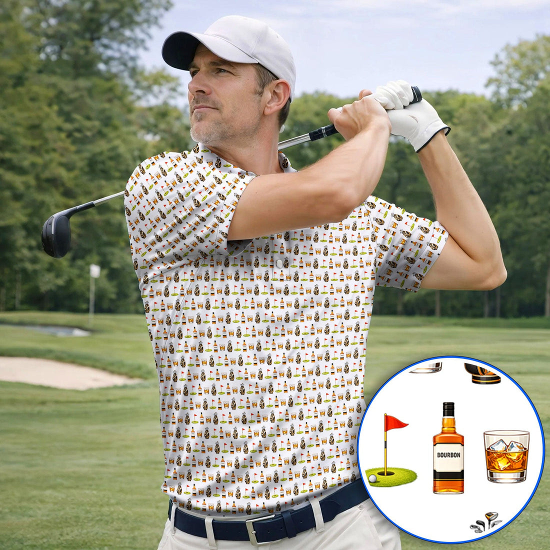 Bourbon Pattern Golf Shirt, Funny Golf Polos For Golfer, Golfer Whiskey Shirt For Men