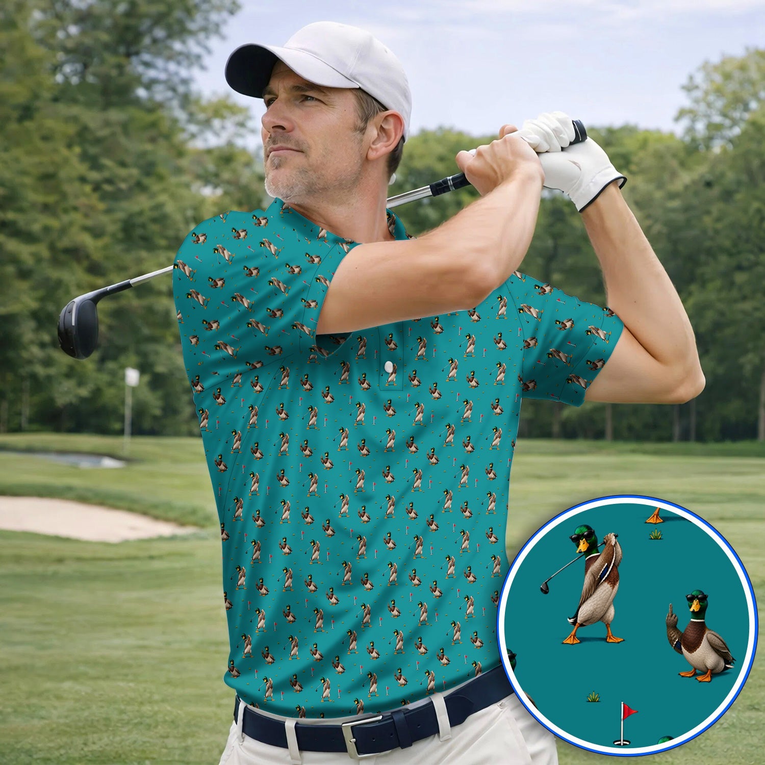 Funny Mallard Duck Golf Shirt, Waterfowl Golf Pattern Polos, Gift For Duck Hunting & Golf Lovers