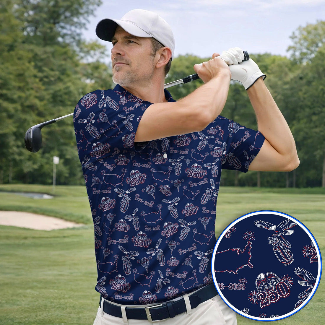 USA 250th Pattern Golf Shirt, Patriotic USA Golf Polos, Crazy Golf Gift For Golfer