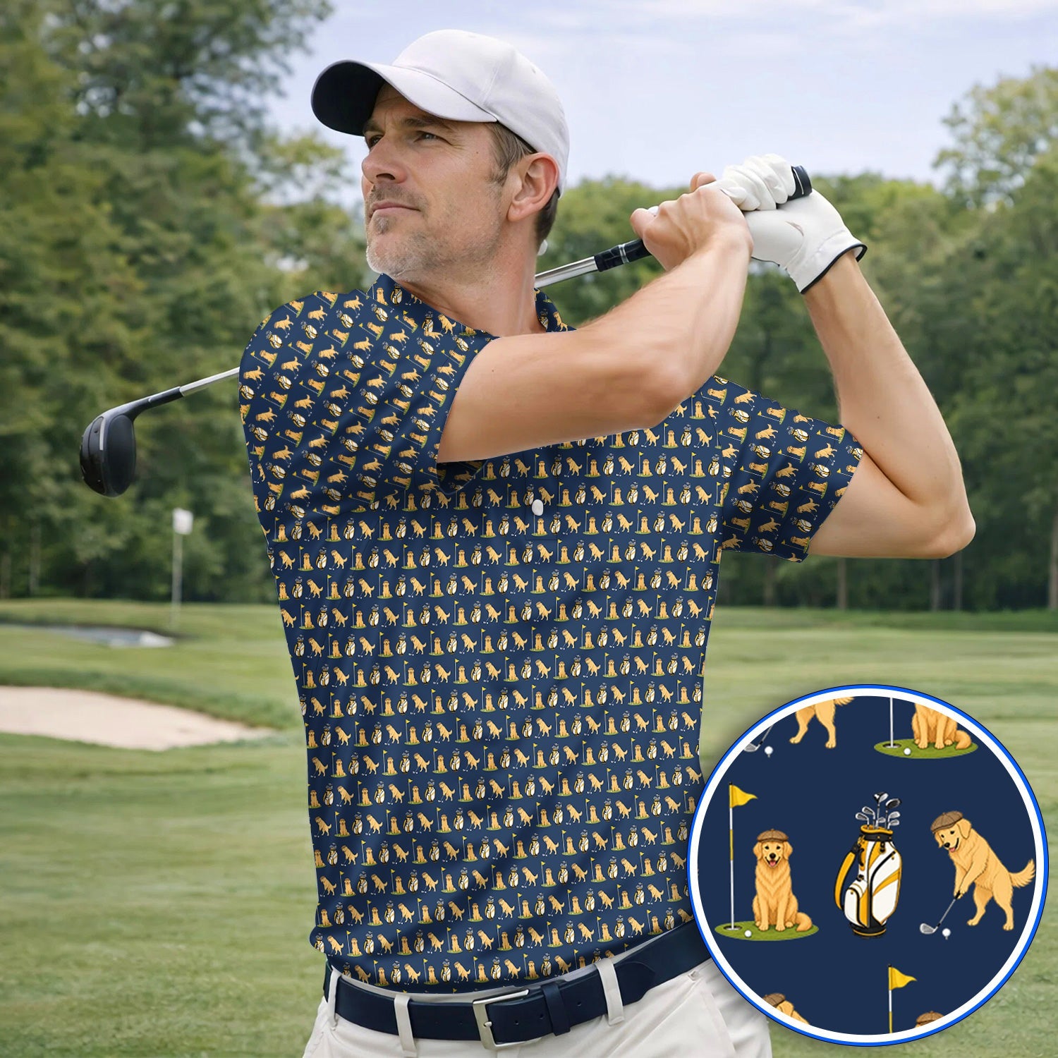 Golden Retriever Pattern Golf Polos, Funny Dog Golf Shirt, Crazy Golf Gift For Golfer