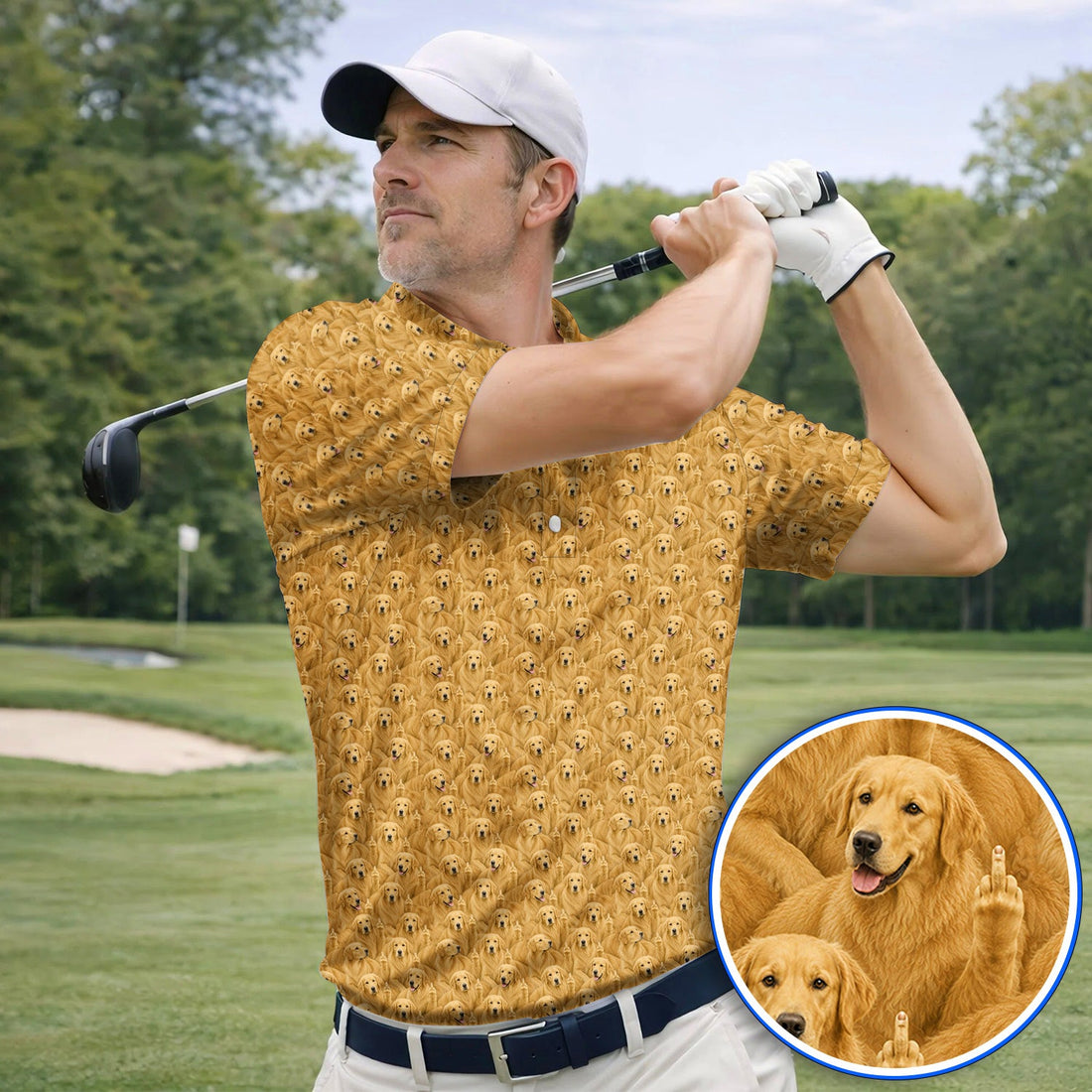 Golden Retriever Middle Finger Golf Polos, Funny Dog Lover Pattern Golf Shirt, Golden Retriever Gift For Golfer Dad