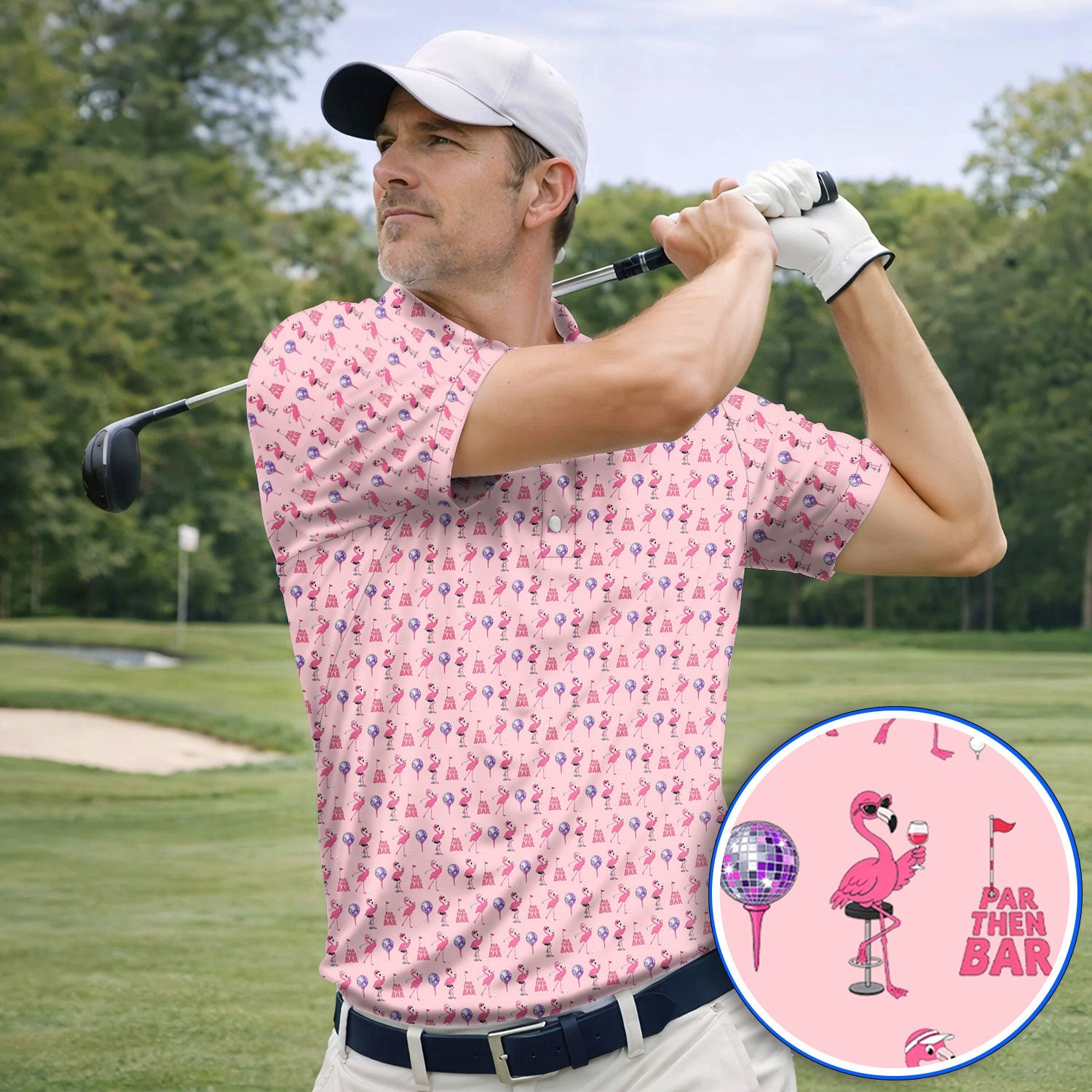 Funny Tropical Flamingo Pattern Golf Shirt, Pink Flamingo Bird Golf Polos, Unique Summer Golf Gift For Golfer