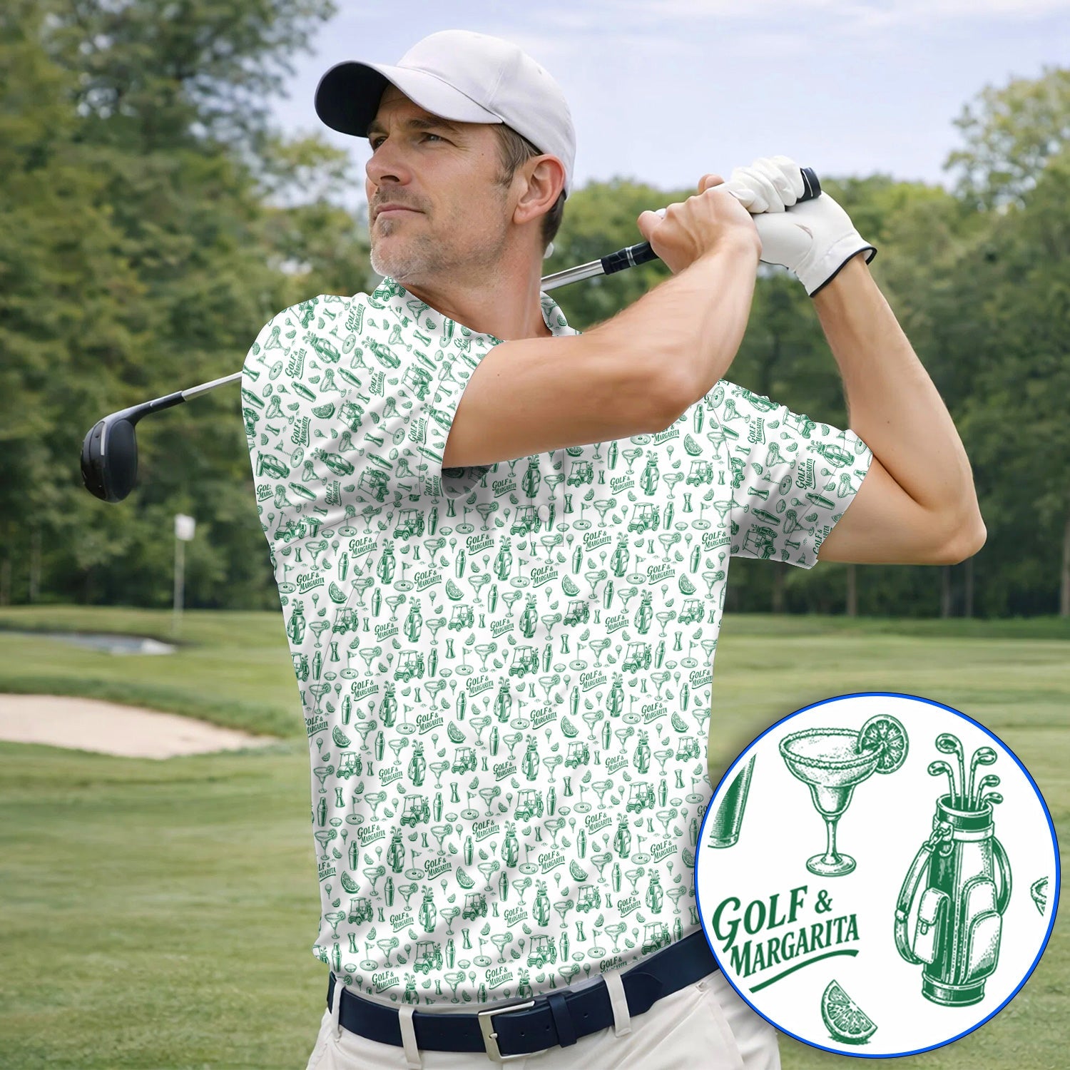 Golf & Margarita Pattern Golf Polos , Margarita Lover Golf Shirt, Funny Golf Gift For Golfer