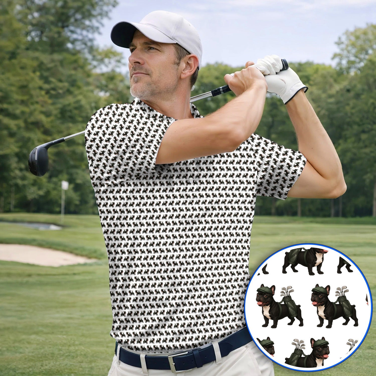 Black French Bulldog Golf Polos, Frenchie Pattern Golf Shirt, Funny Dog Dad Gift