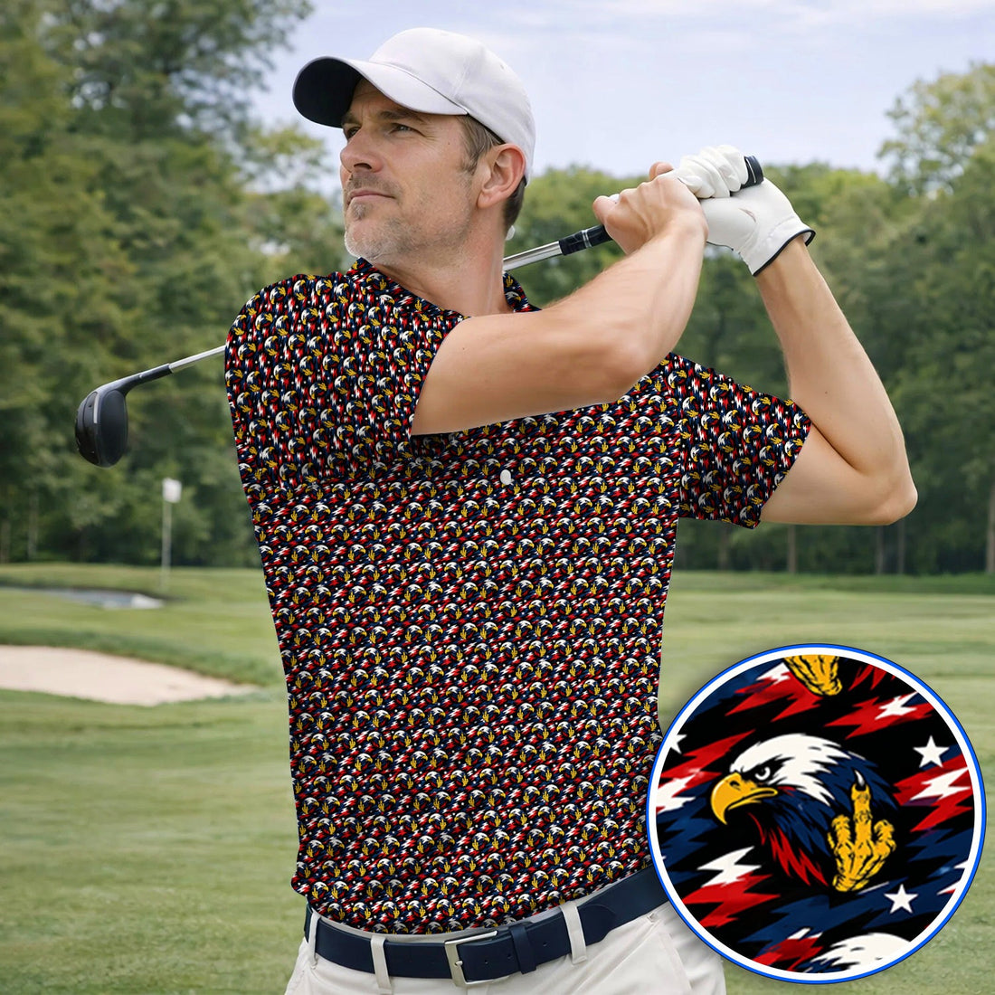 Eagle Middle Finger Golf Polos, USA Patriotic Pattern Golf Shirt, Crazy Golf Gift For Golfer