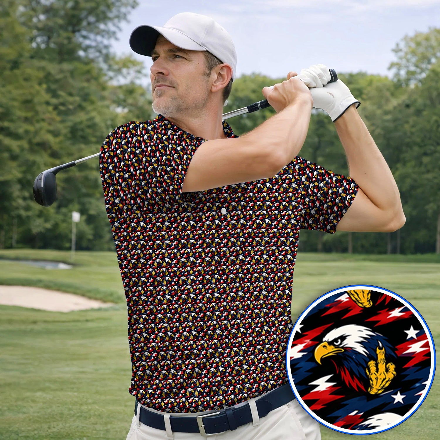 Eagle Middle Finger Golf Polos, USA Patriotic Pattern Golf Shirt, Crazy Golf Gift For Golfer