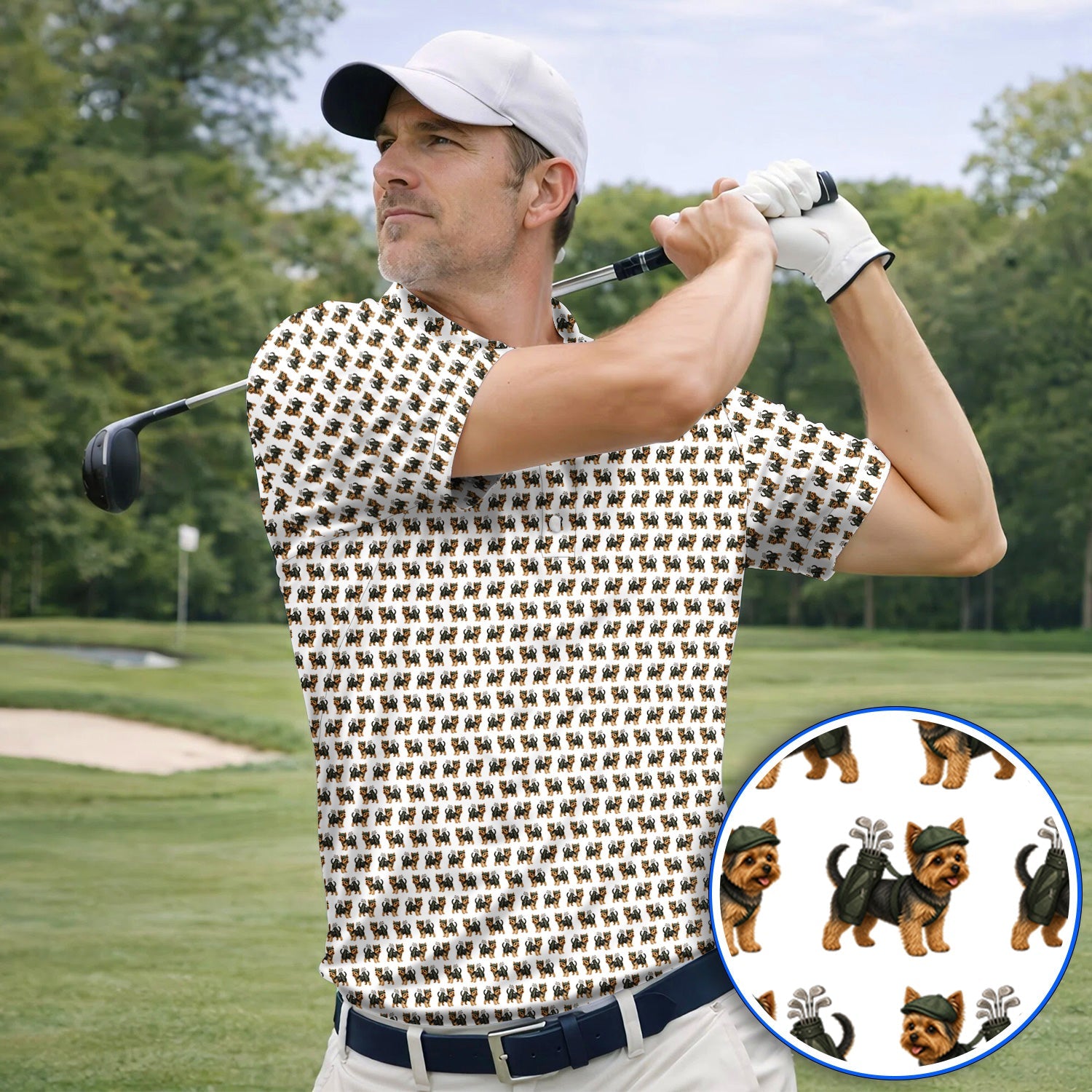 Yorkie Golf Pattern Golf Polos, Yorkshire Terrier Golf Shirt, Golf Gift For Golfer