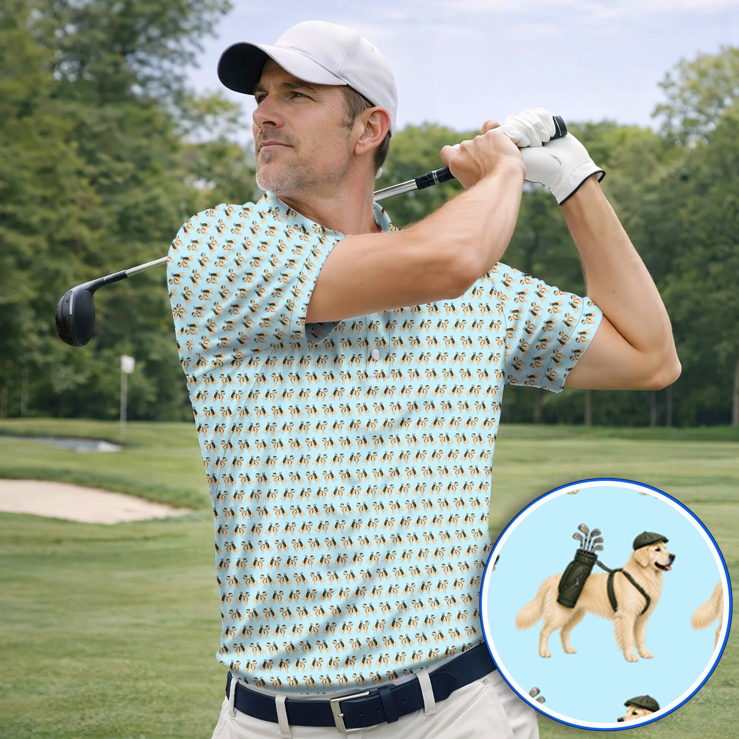 Golden Retriever Golf Shirt, Funny Pattern Golf Polos, Golden Retriever Dad Gift