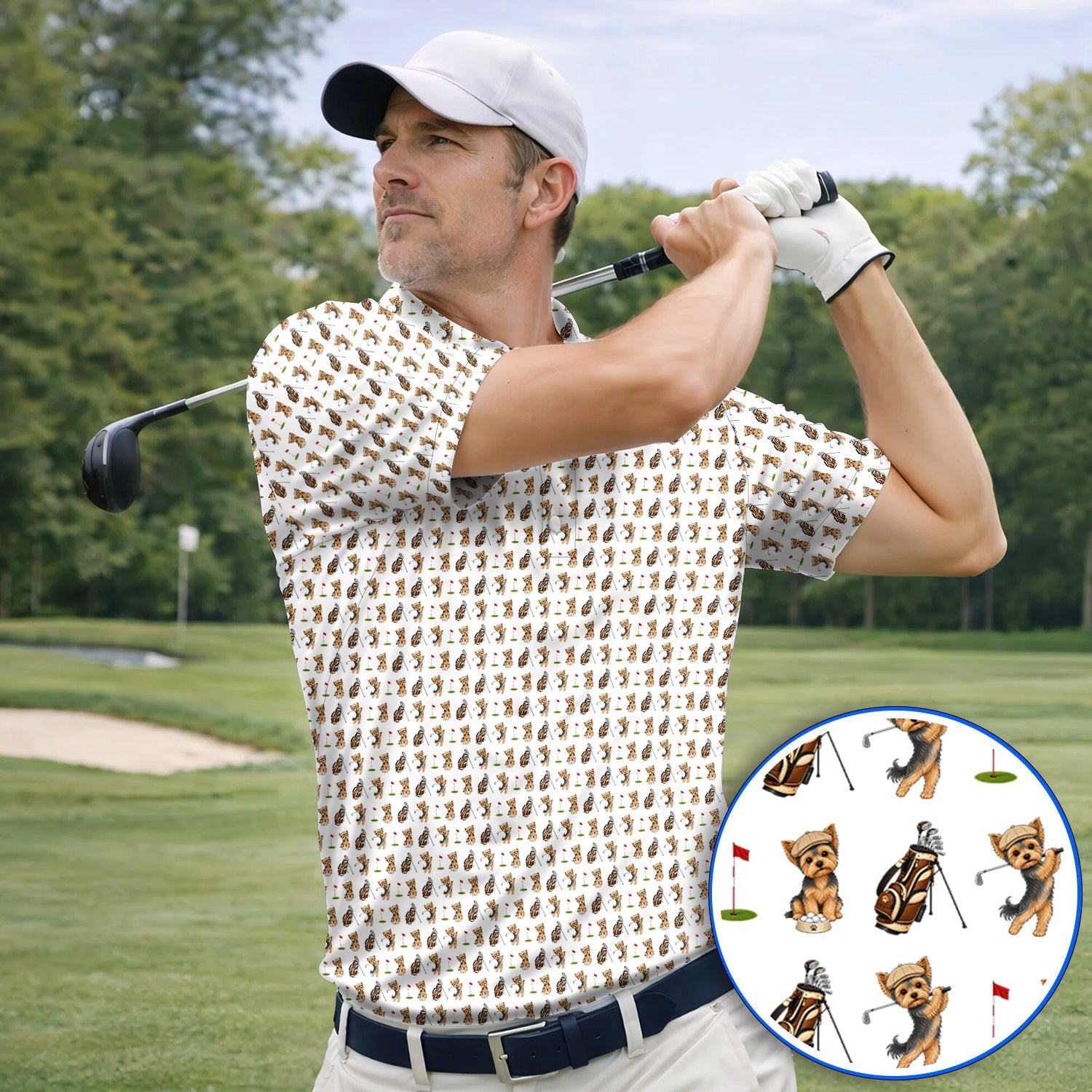 Yorkshire Terrier Golf Shirt, Cute Yorkie Pattern Golf Polos, Gift for Golf Lovers