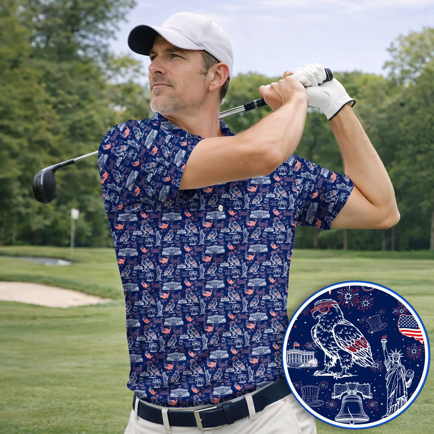 America 250th Patriotic Golf Polos, USA Eagle Pattern Golf Shirt For Golfer, Crazy Golf Shirt