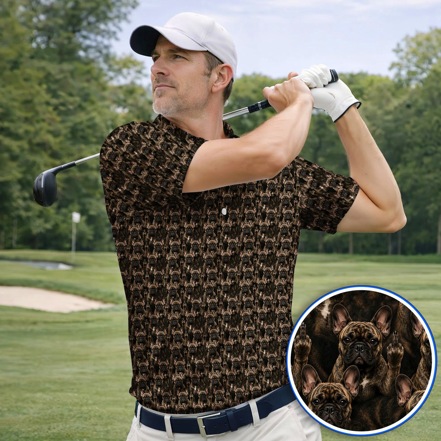 French Bulldog Pattern Golf Polos, Brindle Frenchie Golf Shirt, Golf Gift For Golfer