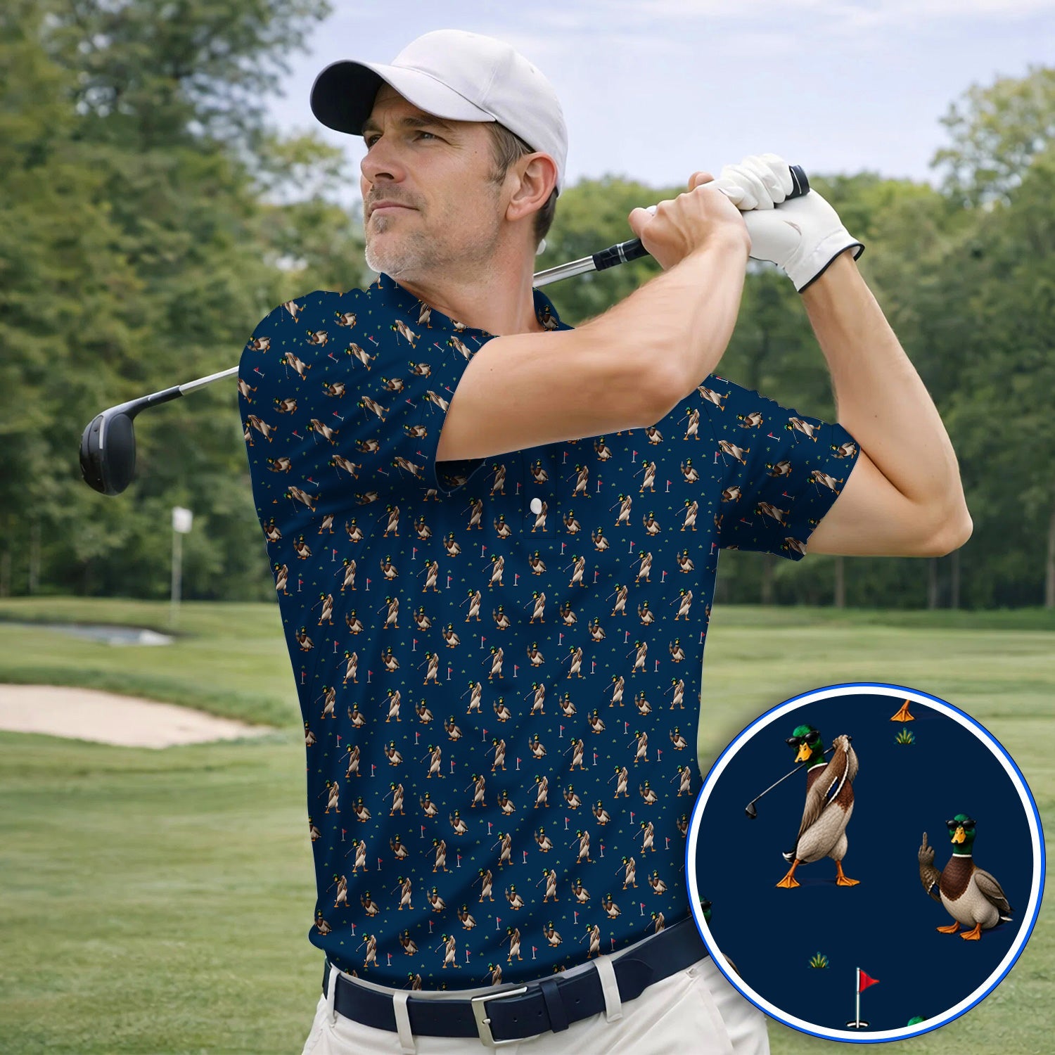 Funny Mallard Duck Golf Shirt, Waterfowl Golf Pattern Polos, Gift For Duck Hunting & Golf Lovers