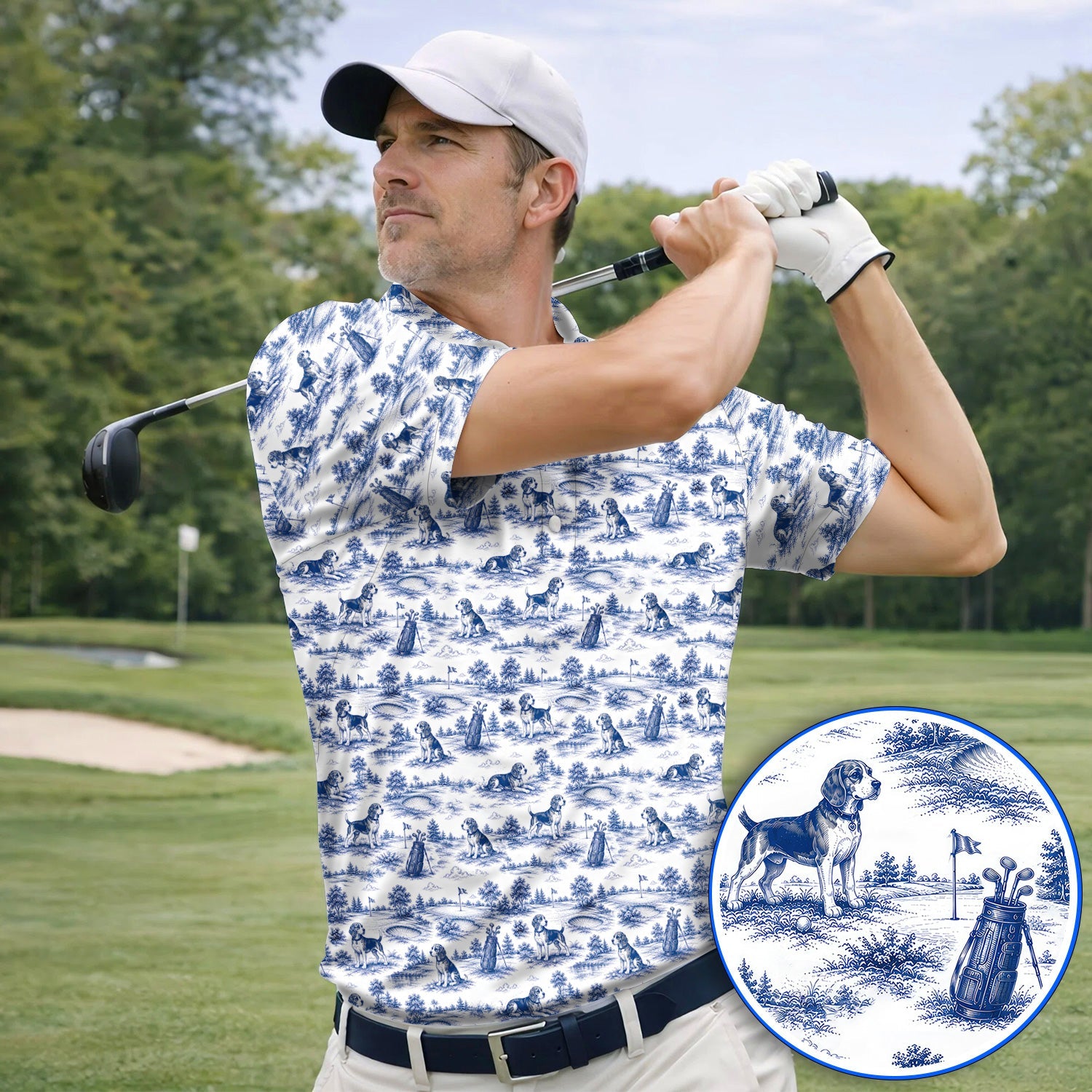 Beagle Toile De Jouy Golf Shirt, Vintage Dog Pattern Golf Polos, Beagle Lover Golf Gift