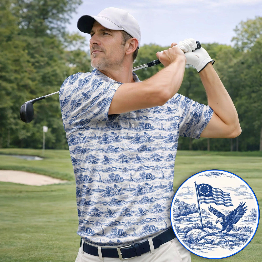 America 250th Patriotic Golf Polos, USA Toile De Jouy Pattern Golf Shirt For Golfer, Crazy Golf Shirt