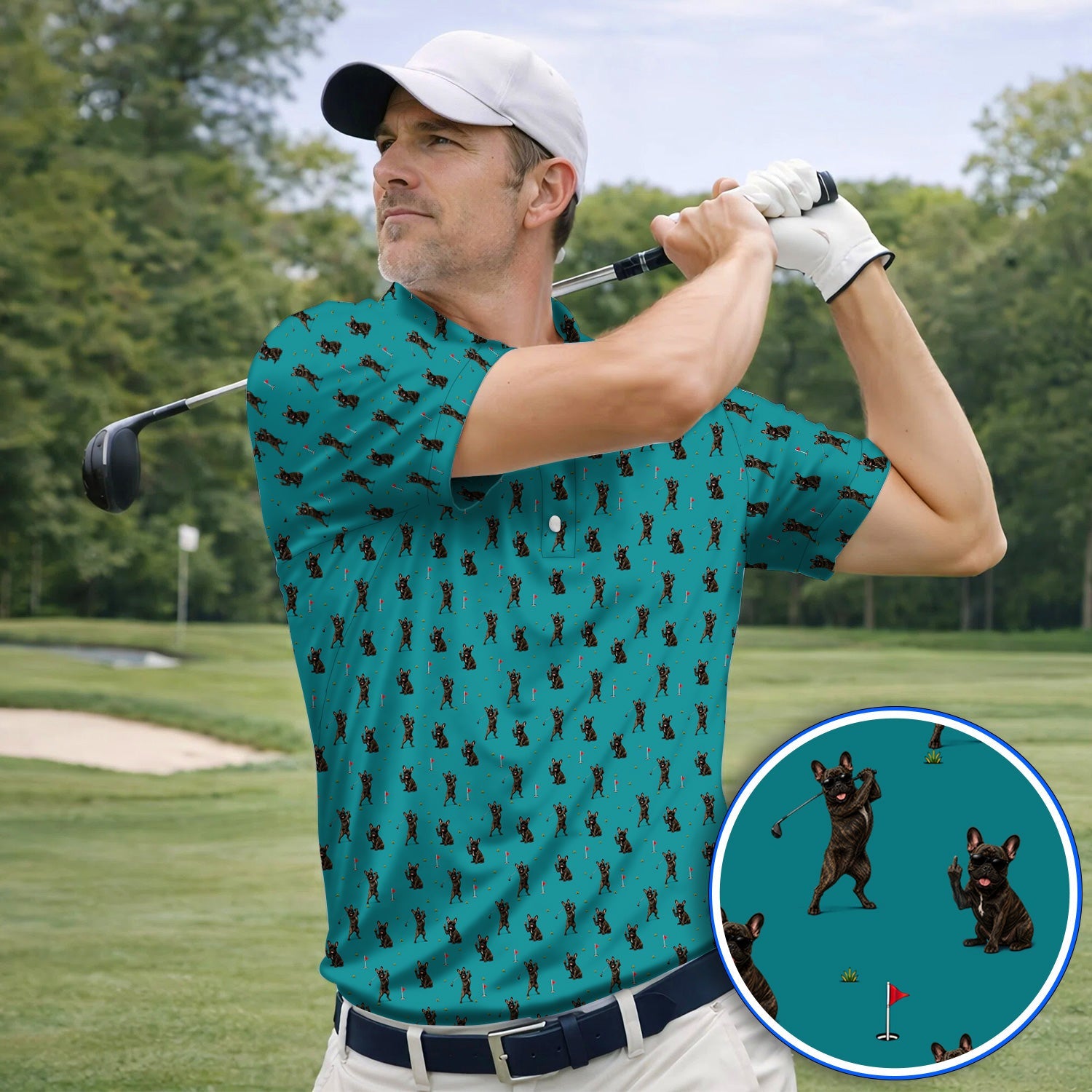 Frenchie Golf Shirt, French Bulldog Pattern Polos, Funny Golf Gift For Golfer