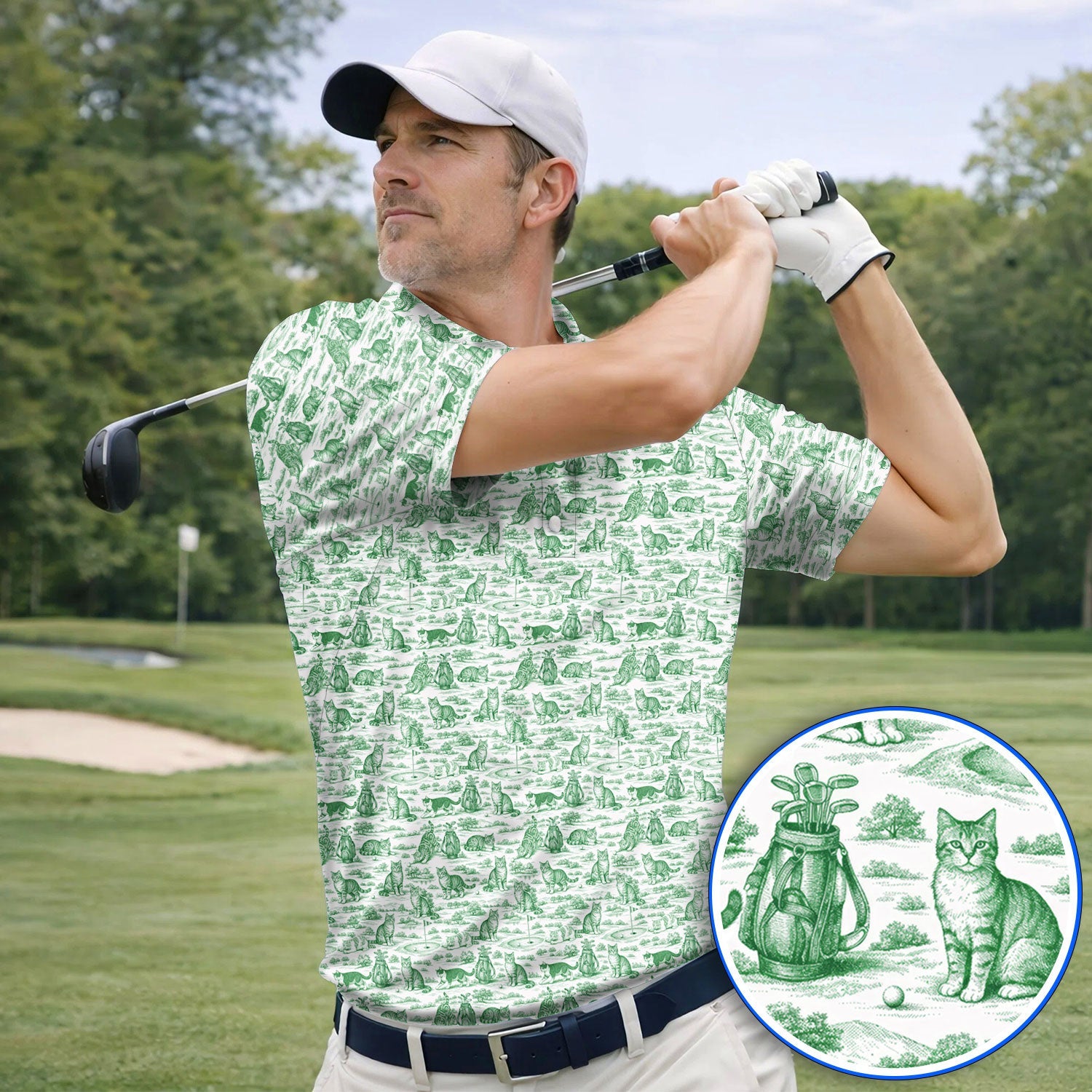 Toile De Jouy Pattern Golf Polos, Crazy Cat Golf Shirt For Golfer, Golf Gift For Pet Lover