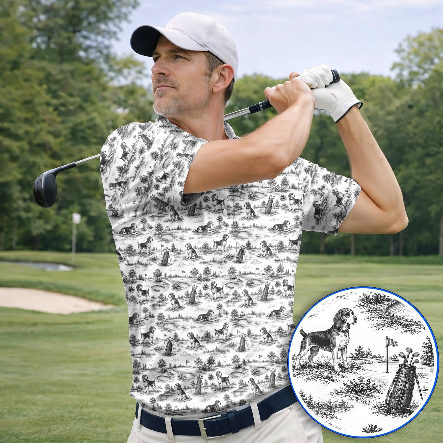 Beagle Toile De Jouy Golf Shirt, Vintage Dog Pattern Golf Polos, Beagle Lover Golf Gift