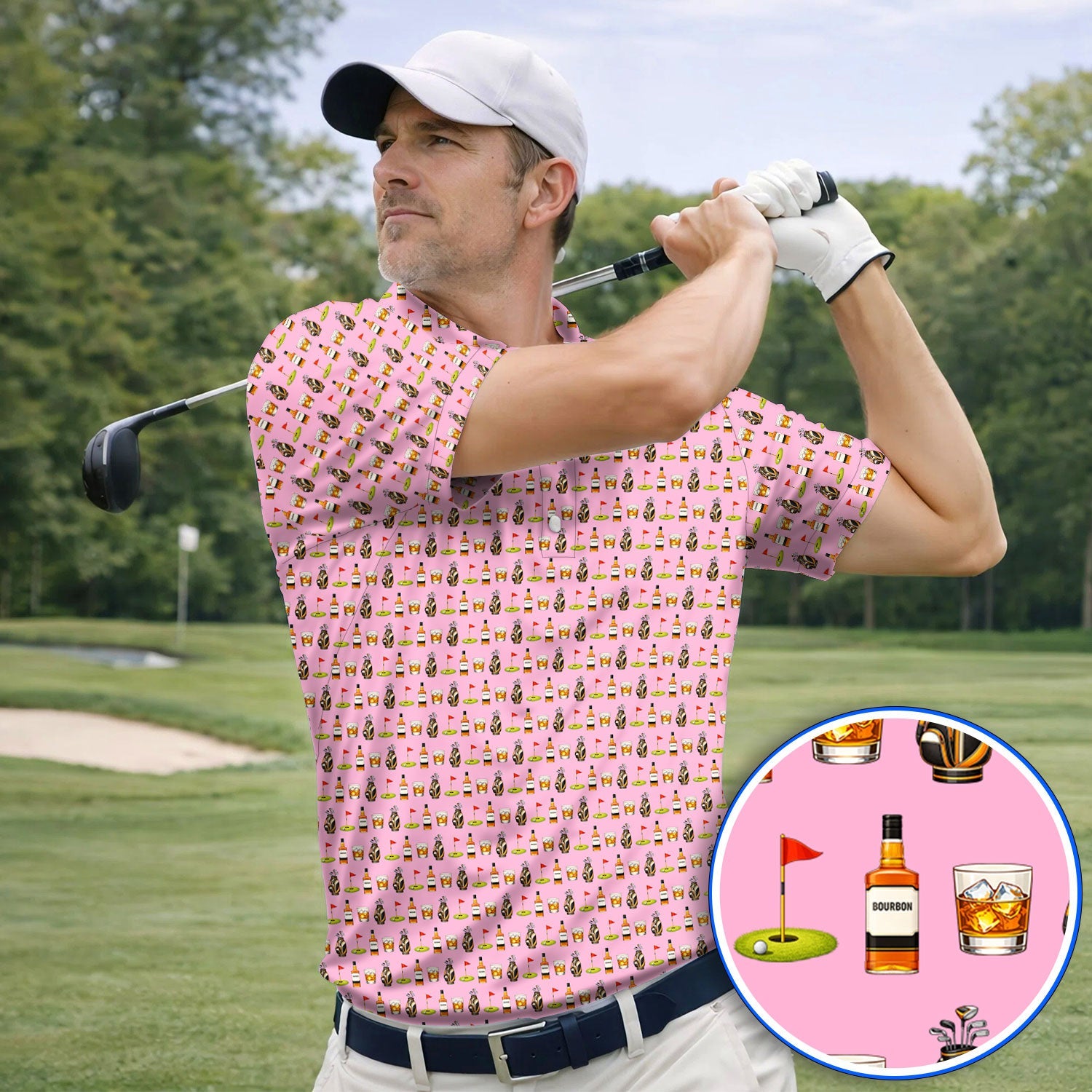Bourbon Pattern Golf Shirt, Funny Golf Polos For Golfer, Golfer Whiskey Shirt For Golf Lovers