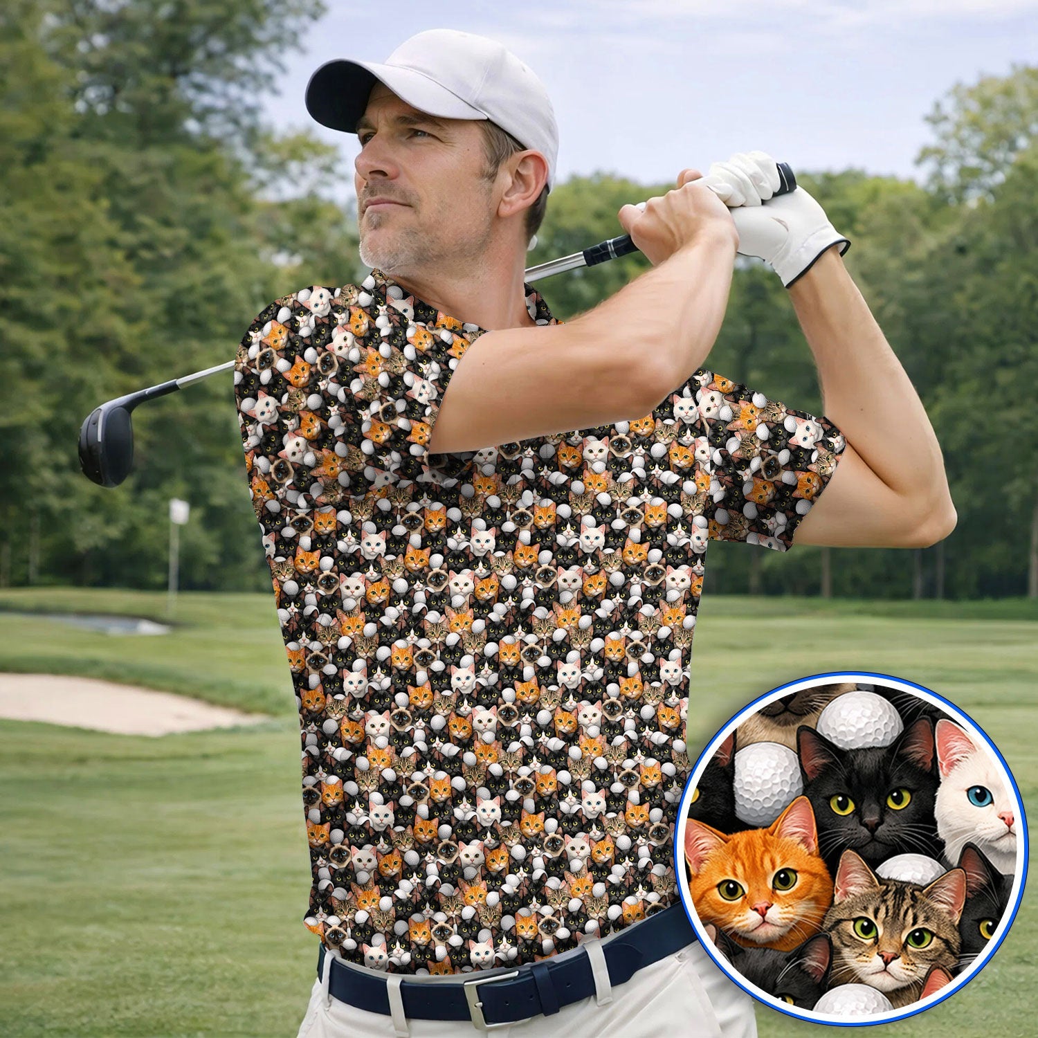 Crazy Pattern Golf Shirt, Pet Golf Polos For Golfer, Golf Gift For Cat Lover