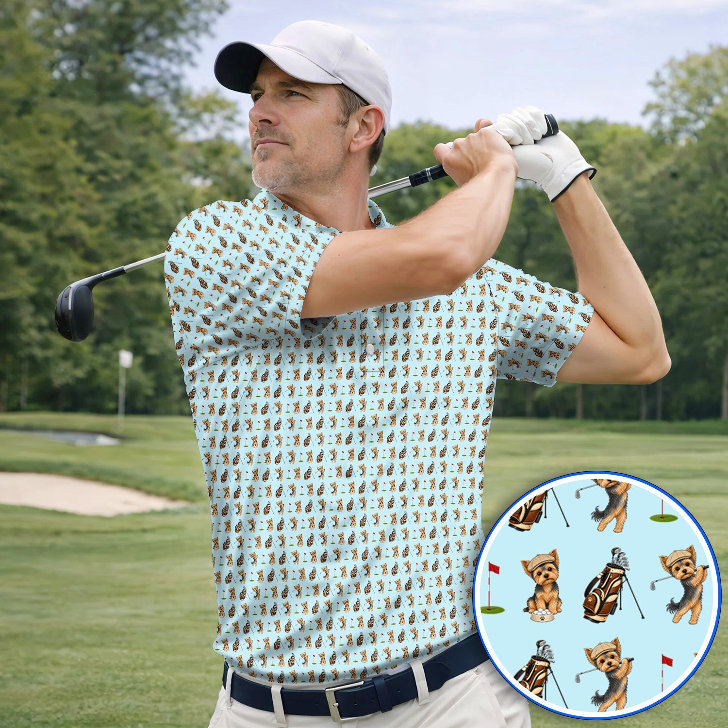 Yorkshire Terrier Golf Shirt, Cute Yorkie Pattern Golf Polos, Gift for Golf Lovers