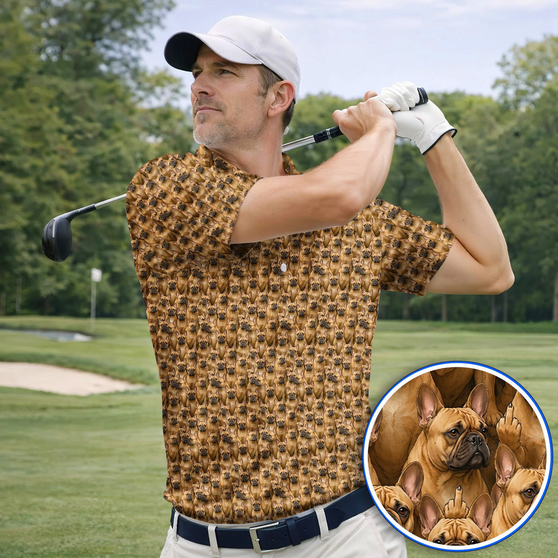 Funny French Bulldog Golf Shirt, Frenchie Pattern Golf Polos, Dog Dad Golf Gift