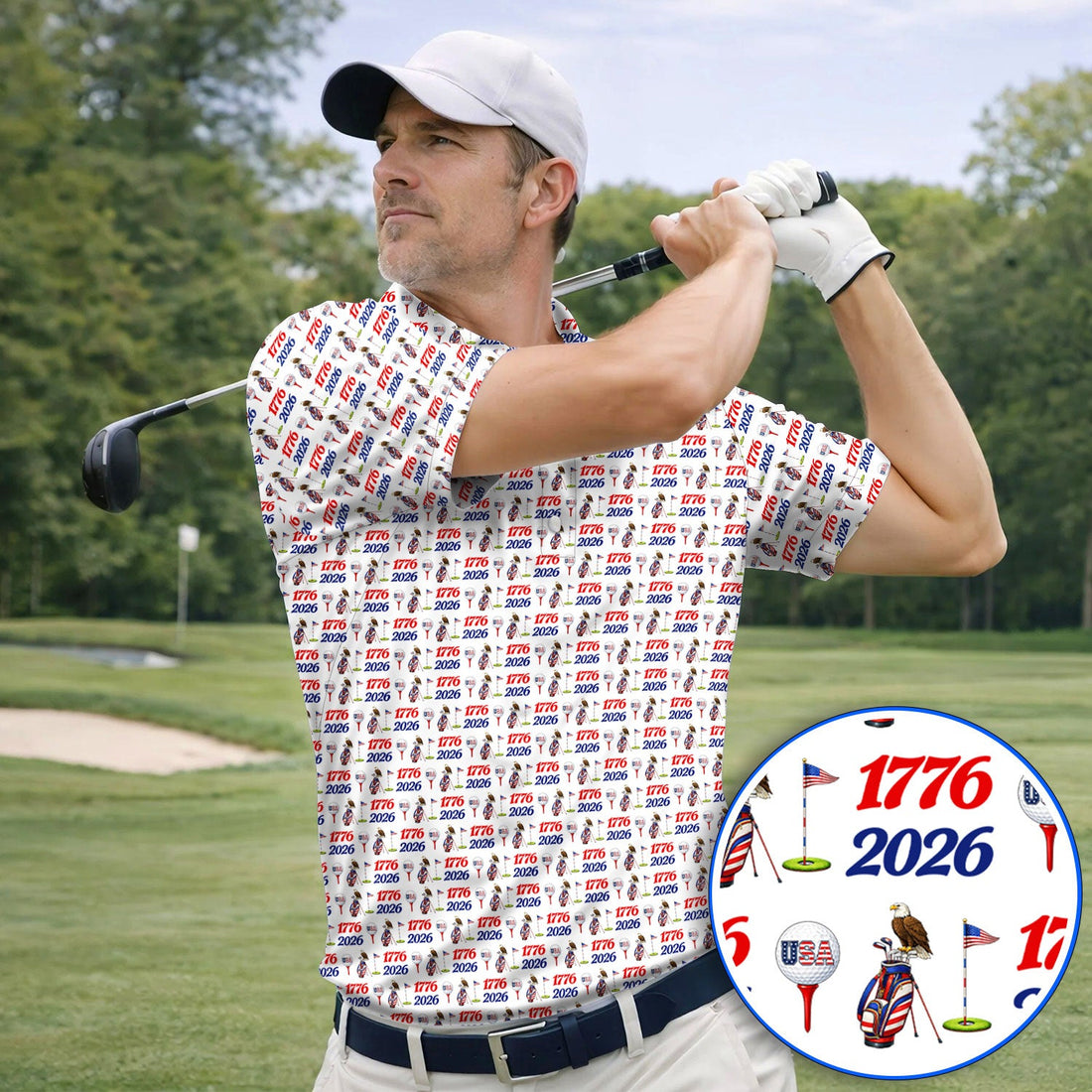 USA 1776–2026 Patriotic Golf Polos, American Flag & Eagle Pattern Golf Shirt, Golf Gift For Golfer