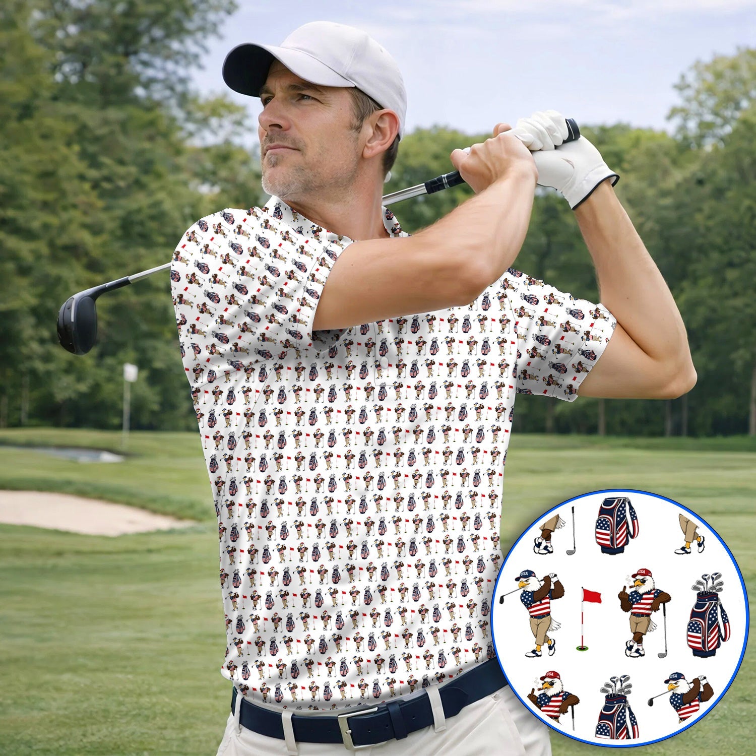 USA Patriotic Eagle Golf Shirt, American Flag Eagle Golf Pattern Polos, 4th of July Golf Gift for Golfer