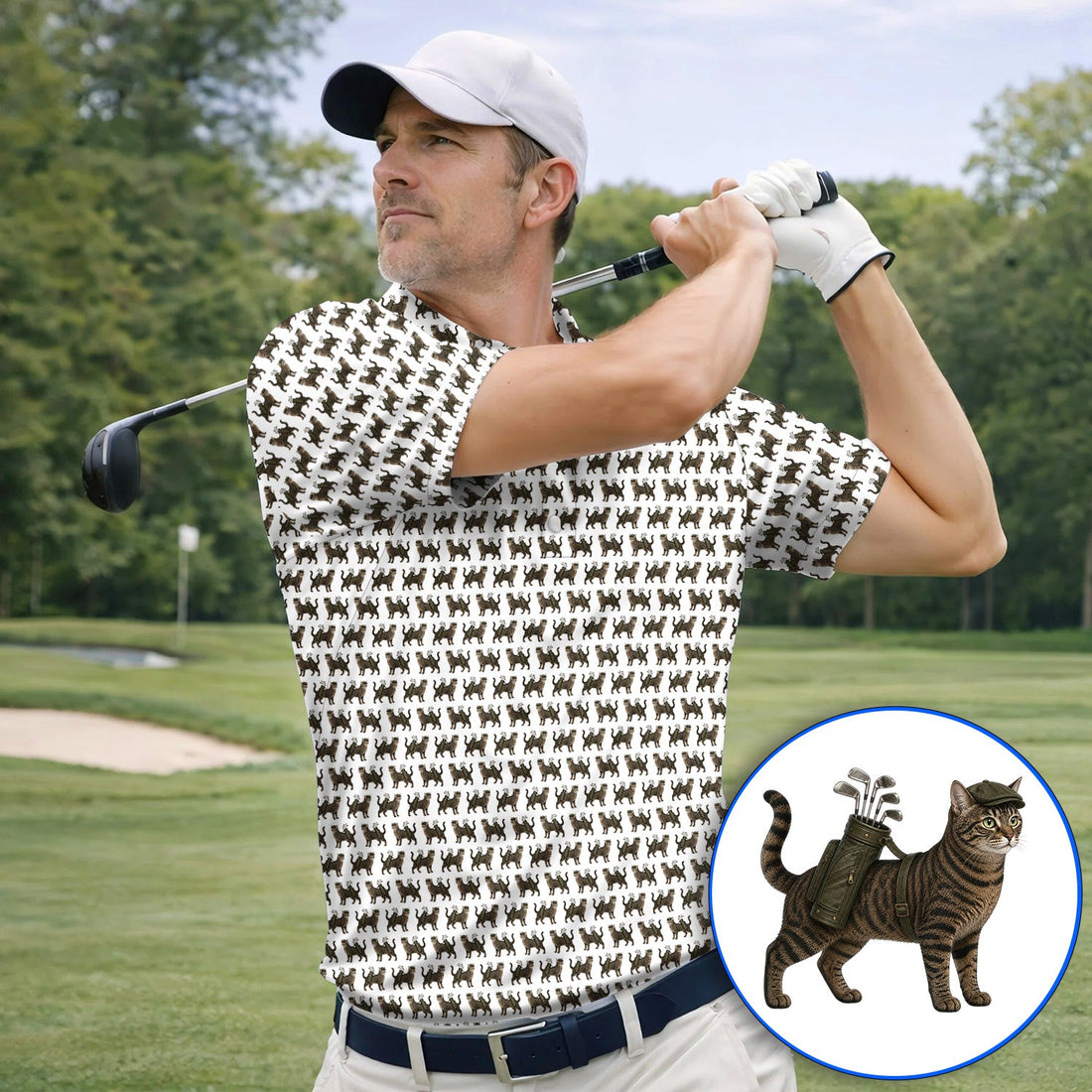 Brown Tabby Cat Golf Polos, Funny Cat Pattern Shirt, Cat Lover Golf Gift For Golfer