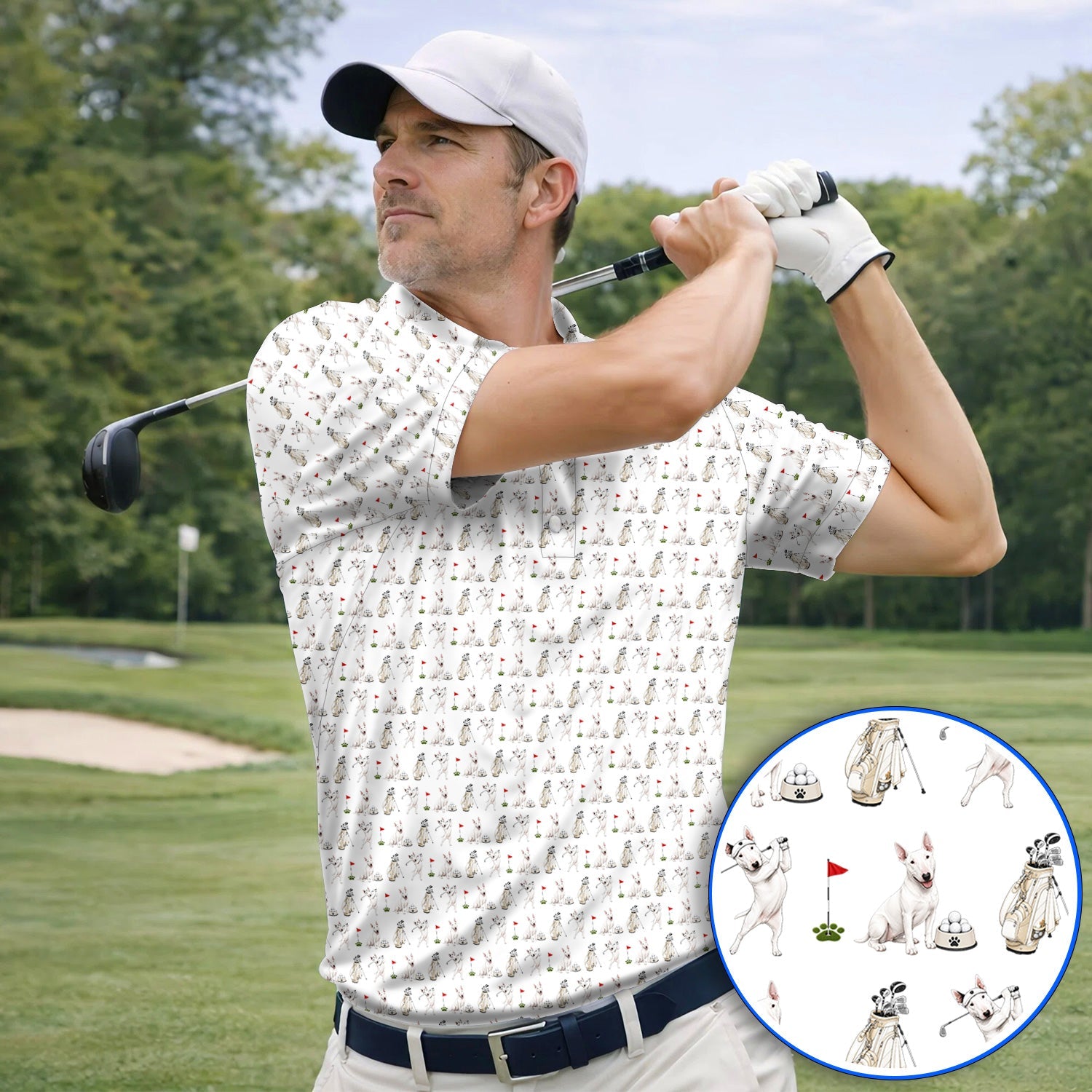 Bull Terrier Golf Polos, Bull Terrier Pattern Golf Shirt, Funny Dog Dad Gift