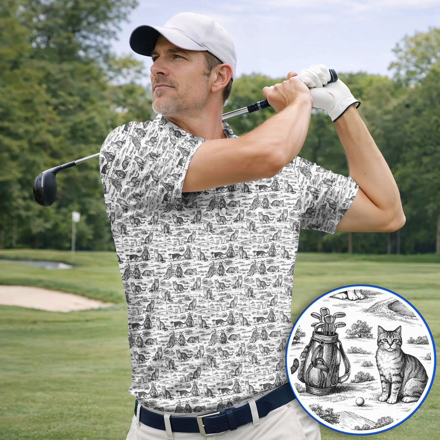 Toile De Jouy Pattern Golf Polos, Crazy Cat Golf Shirt For Golfer, Golf Gift For Pet Lover